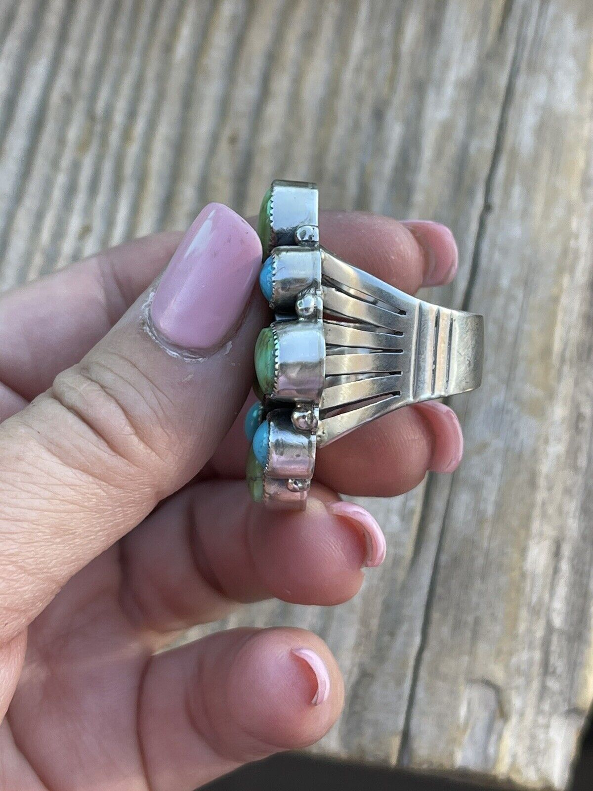 Navajo Sterling Sonoran Gold And Golden Hills Turquoise Cluster Ring Size 7