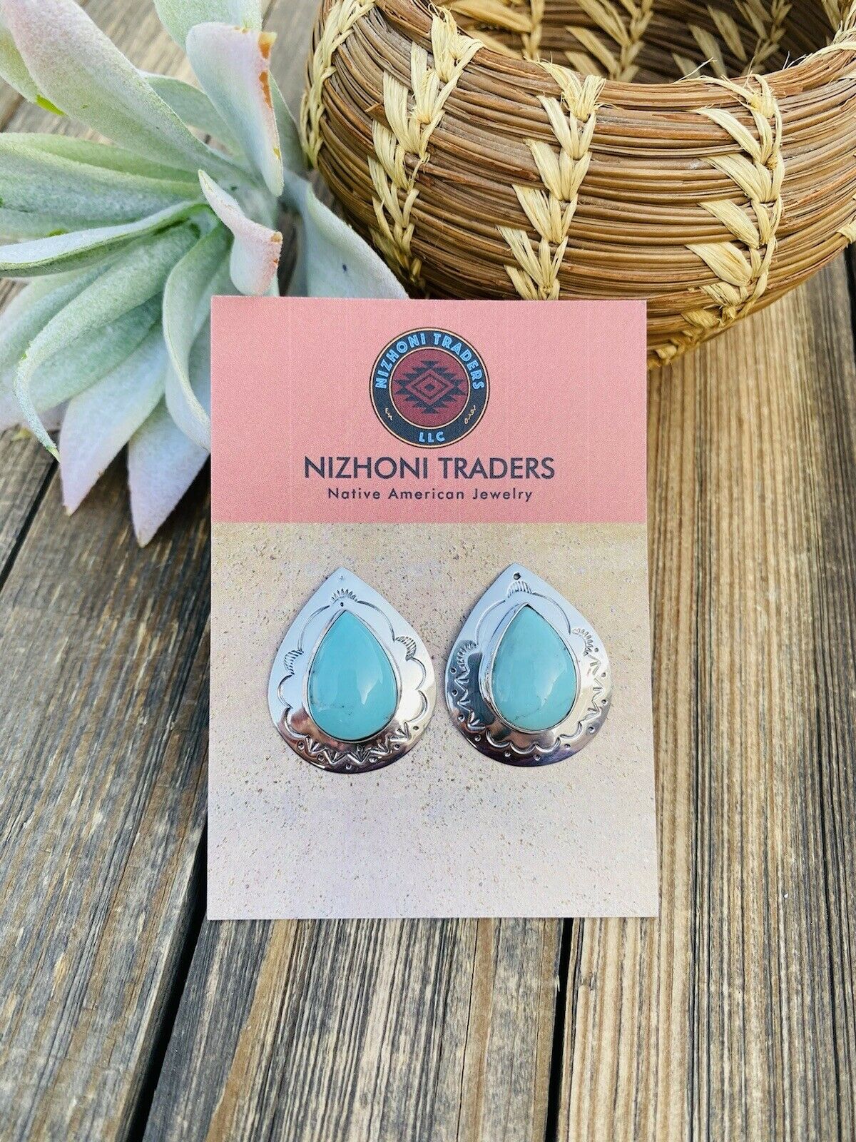 Navajo Hand Stamped Sterling Silver & Turquoise Post Earrings Signed