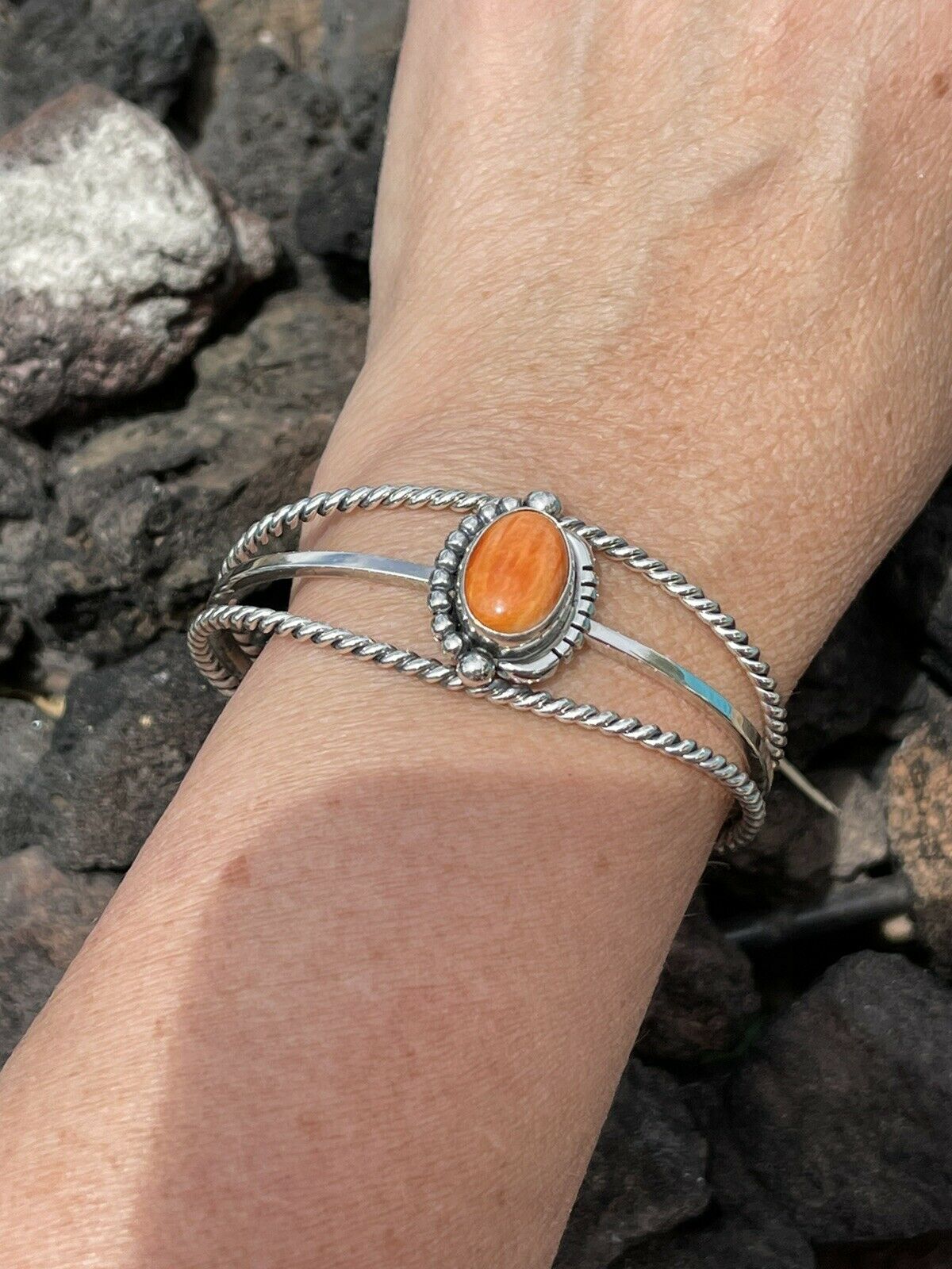 Navajo Orange Spiny Sterling Silver  Cuff Bracelet Signed