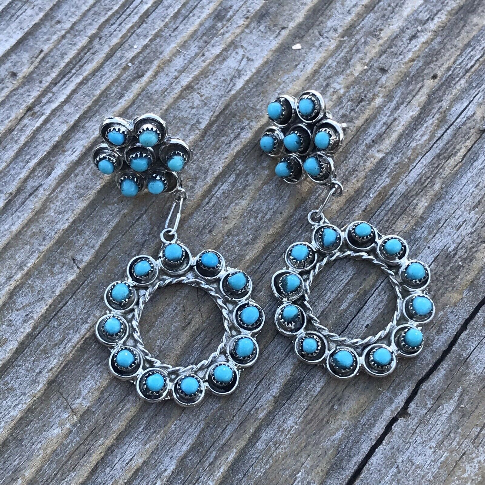 Navajo Turquoise Silver Petit Point Dangle Earrings