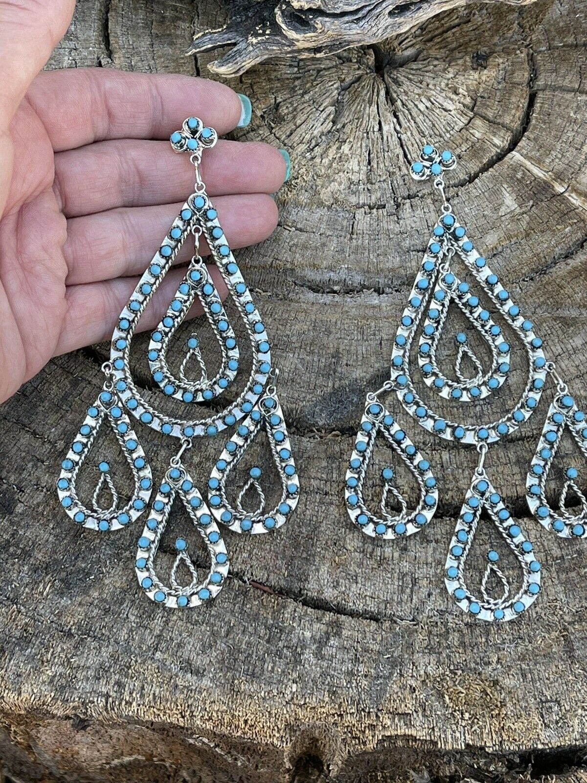 Zuni Sterling Silver & Snake Eye Chandelier Turquoise Dangle Earrings