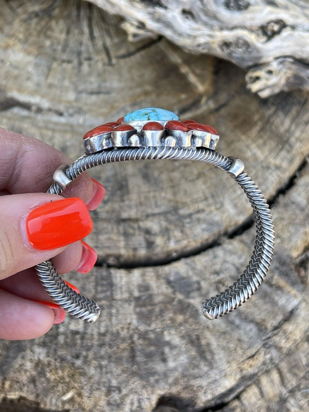 Navajo Sterling Kingman Web Turquoise & Red Coral Taos Bracelet Cuff B. Johnson