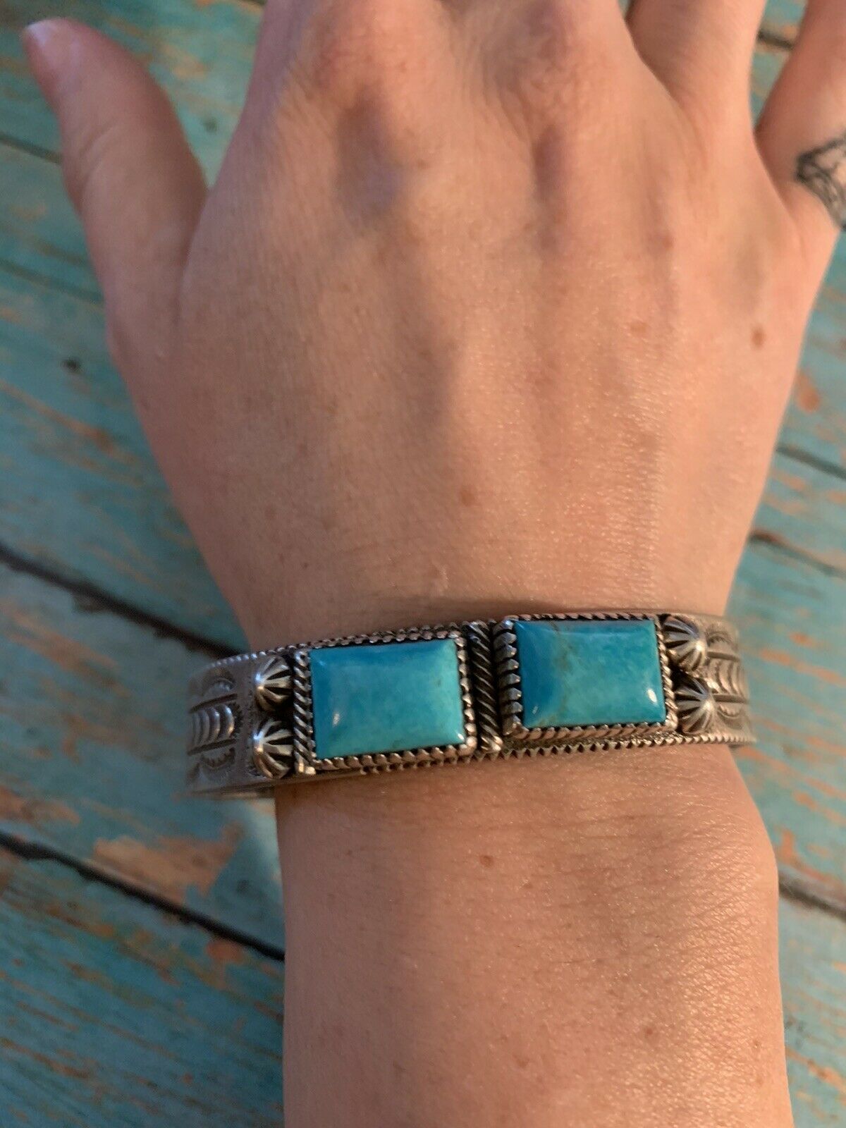 Navajo Turquoise & Sterling Silver Square Stone Bracelet Cuff