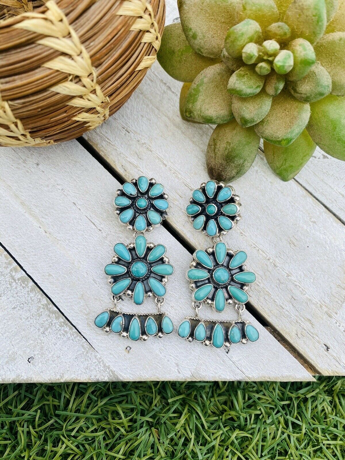 Navajo Handmade Turquoise and Sterling Silver Cluster Dangle Post Earrings