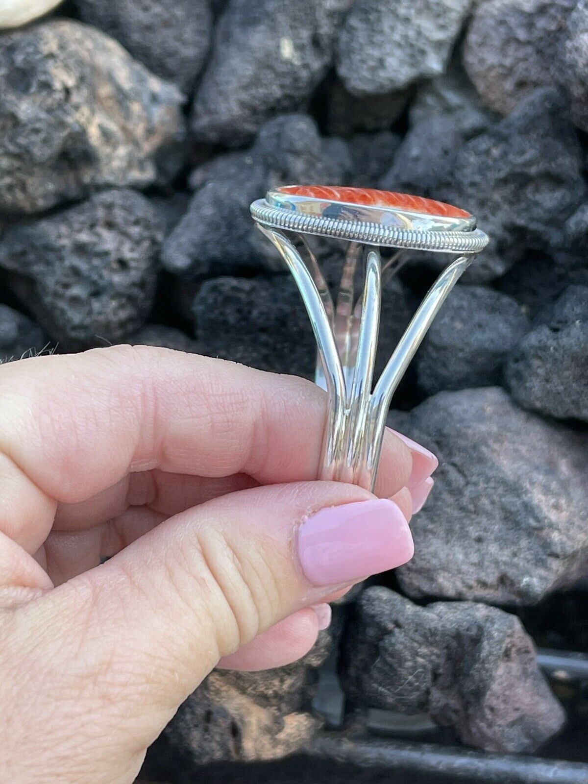 Navajo Orange Spiny Sterling Silver  Cuff Bracelet Stamped Wydell Billie