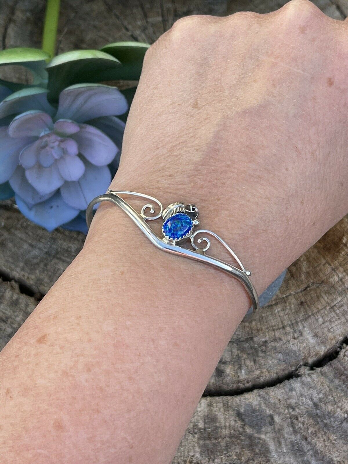 Navajo Sterling Silver Bright Blue Opal Bracelet