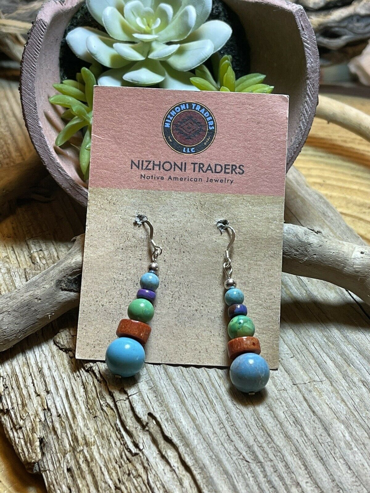 Navajo Sterling Silver Multi Stone Round Bead Dangle Earrings