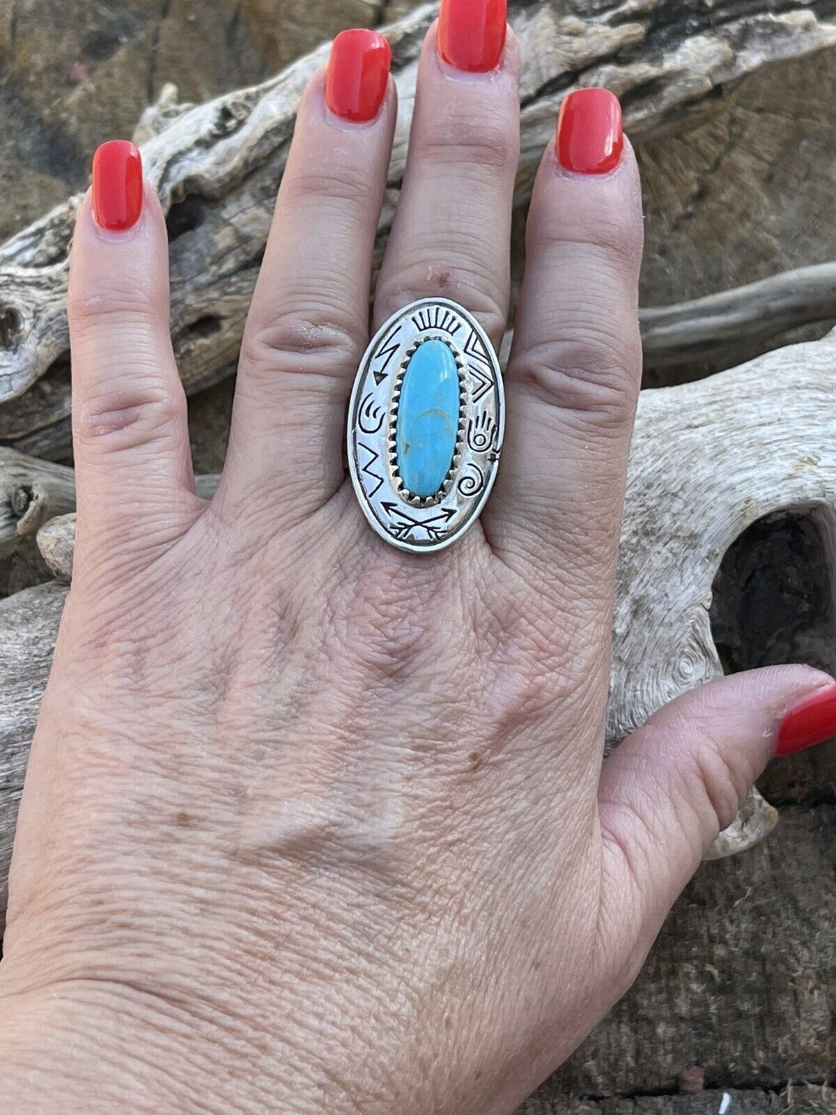 Navajo Sterling Silver Turquoise Southwest Stamped Oval Ring Sz 8.5