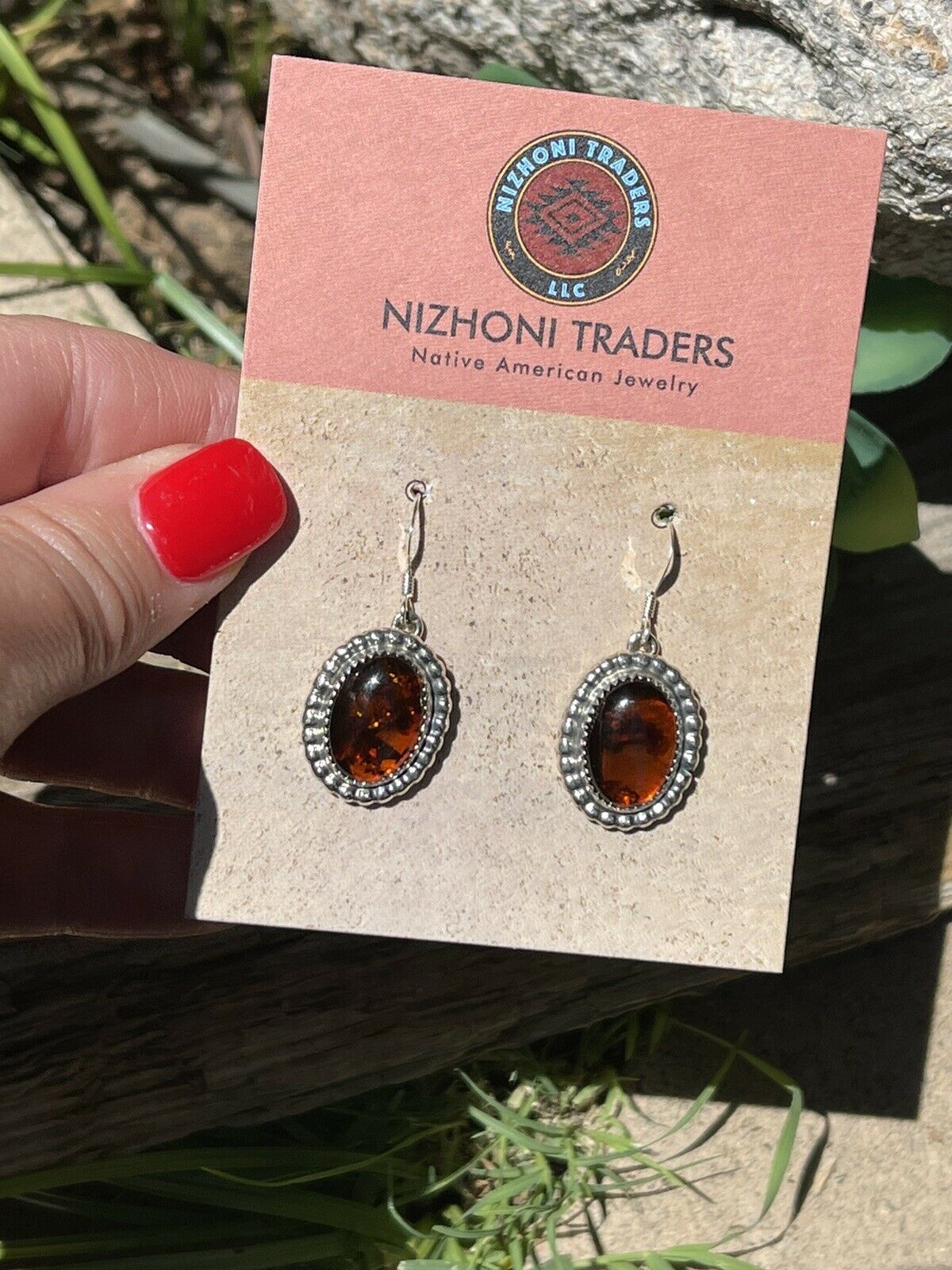 Navajo Sterling Silver and Bead Dot Style Amber Dangle Earrings