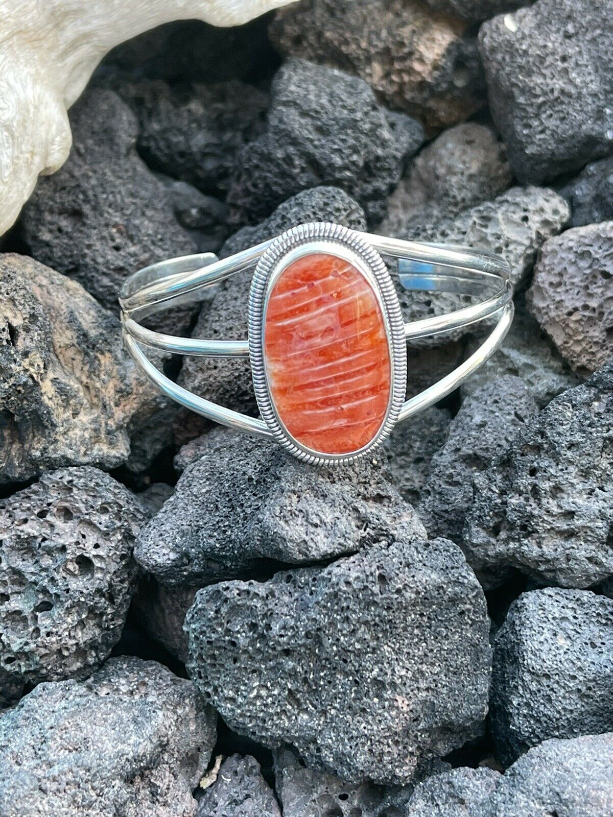 Navajo Orange Spiny Sterling Silver  Cuff Bracelet Stamped Wydell Billie