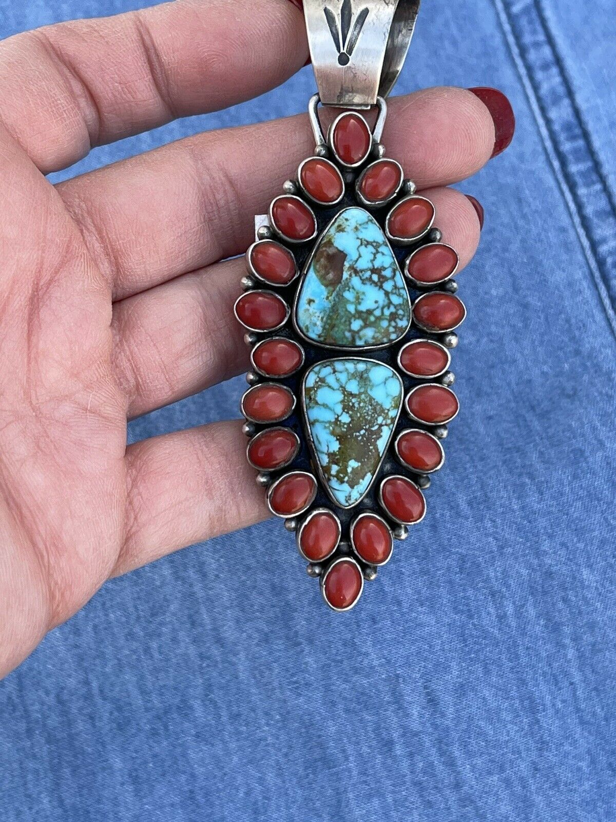 Navajo Sterling 2 Stone Kingman Web Turquoise & Red Coral Taos Pendant