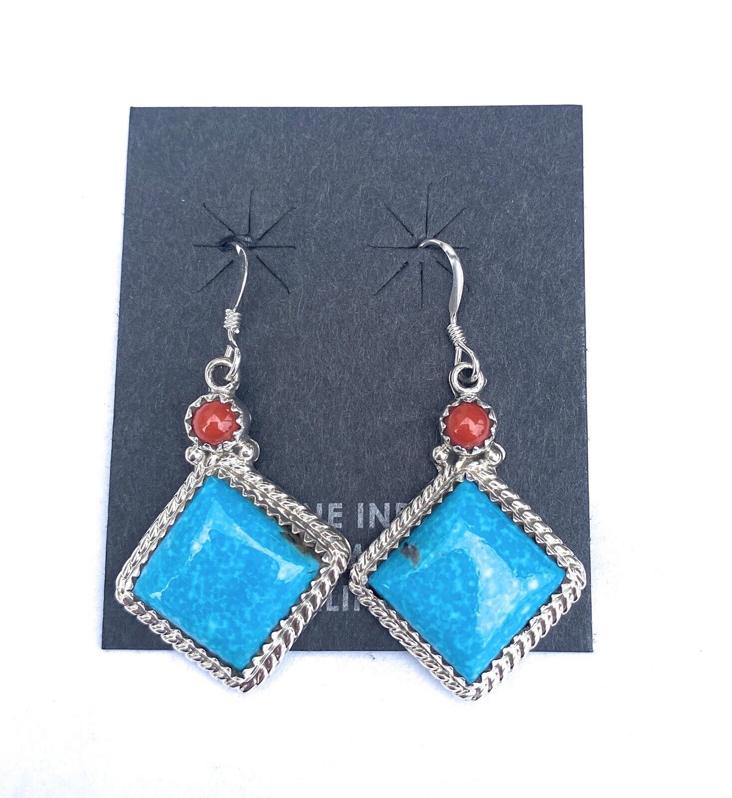 Navajo Turquoise, Coral & Sterling Silver Dangle Earrings