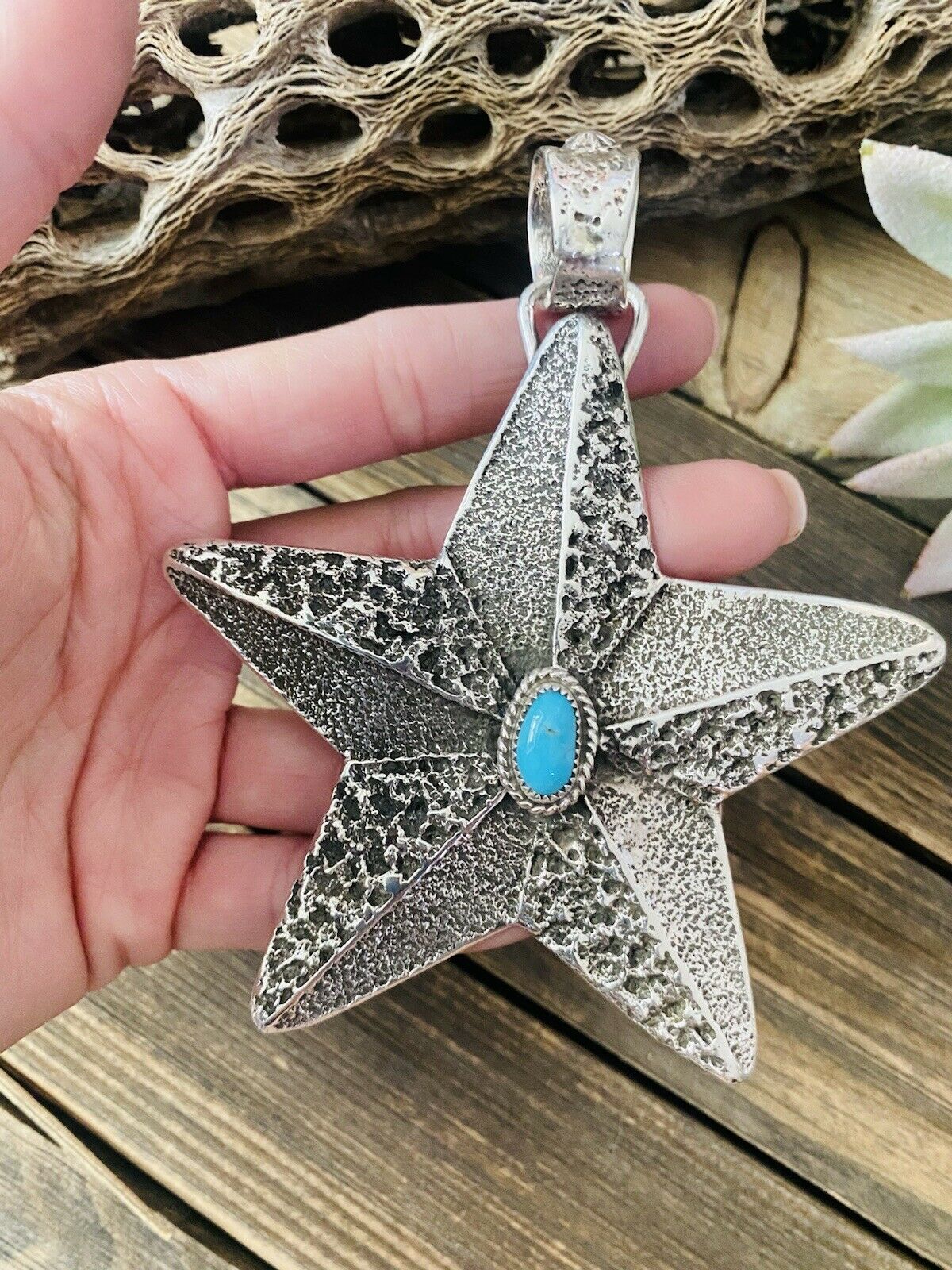 Navajo Turquoise & Sterling Silver Tufa Cast Star Pendant