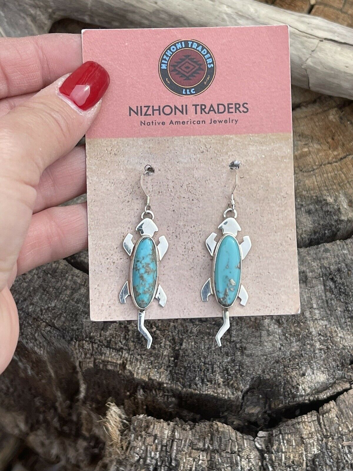 Navajo Sterling Silver Turquoise Stone Gecko Dangle Earrings Signed