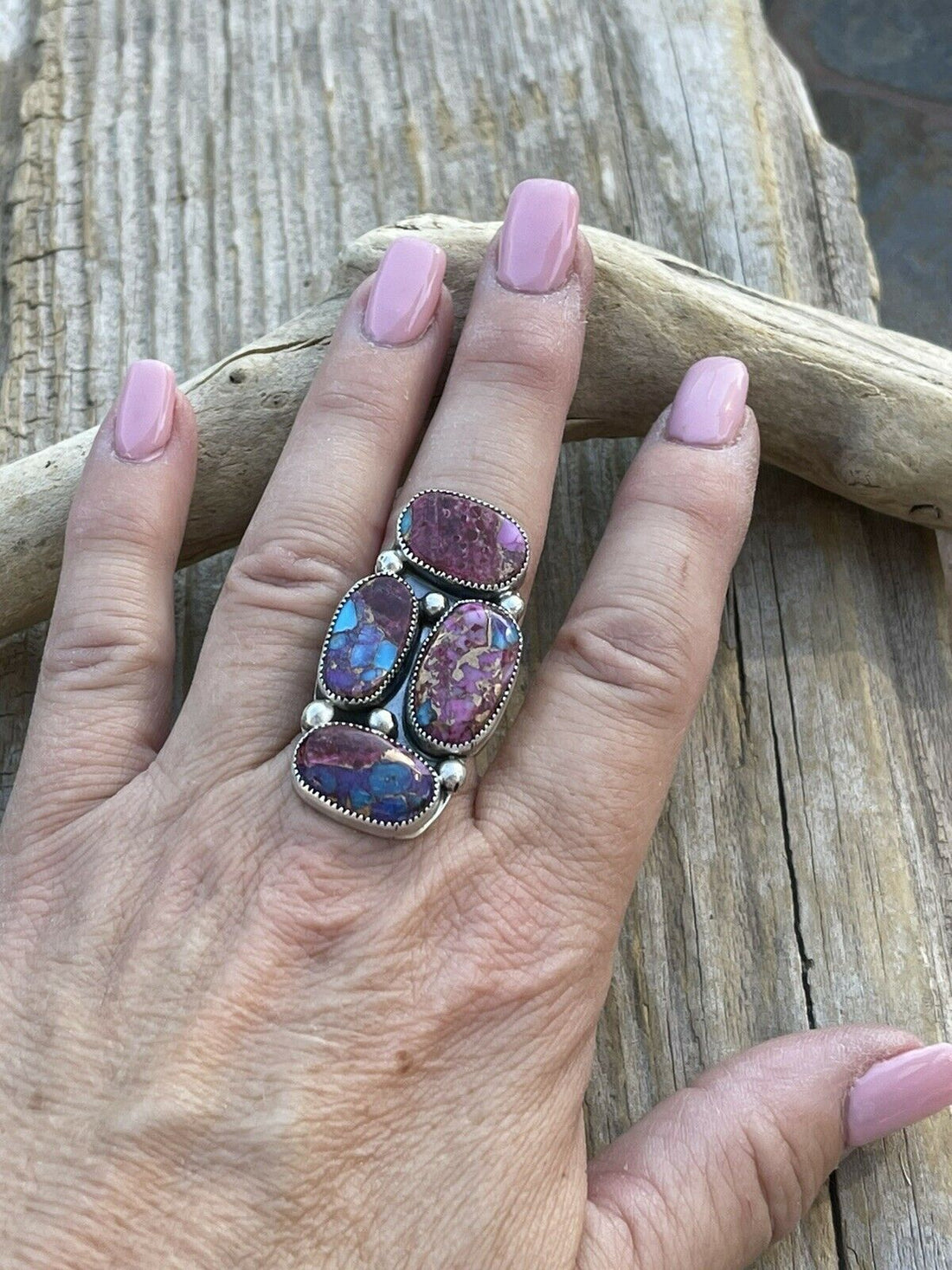 Handcrafted 4 stone Pink Dream Mohave & Sterling Silver Ring Size 6
