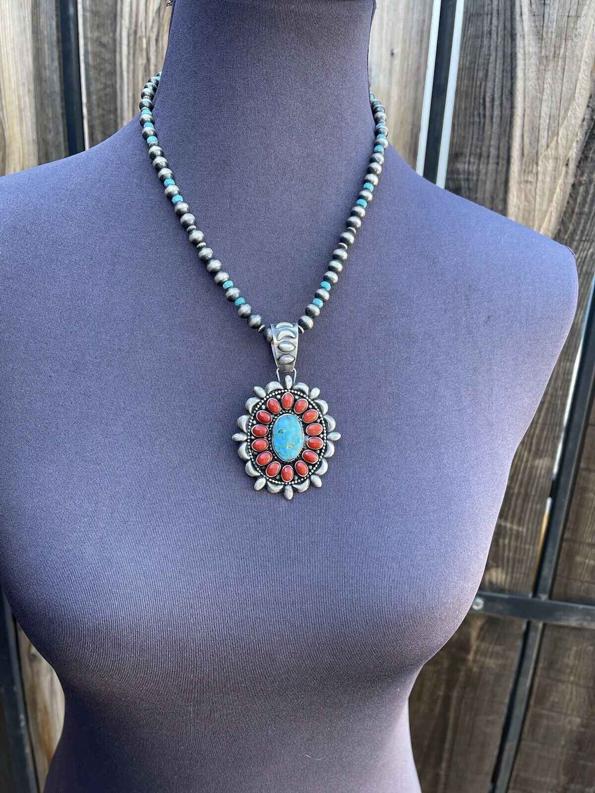 Navajo Sterling Kingman Web Turquoise & Red Coral Taos Ornate Pendant D. Clark