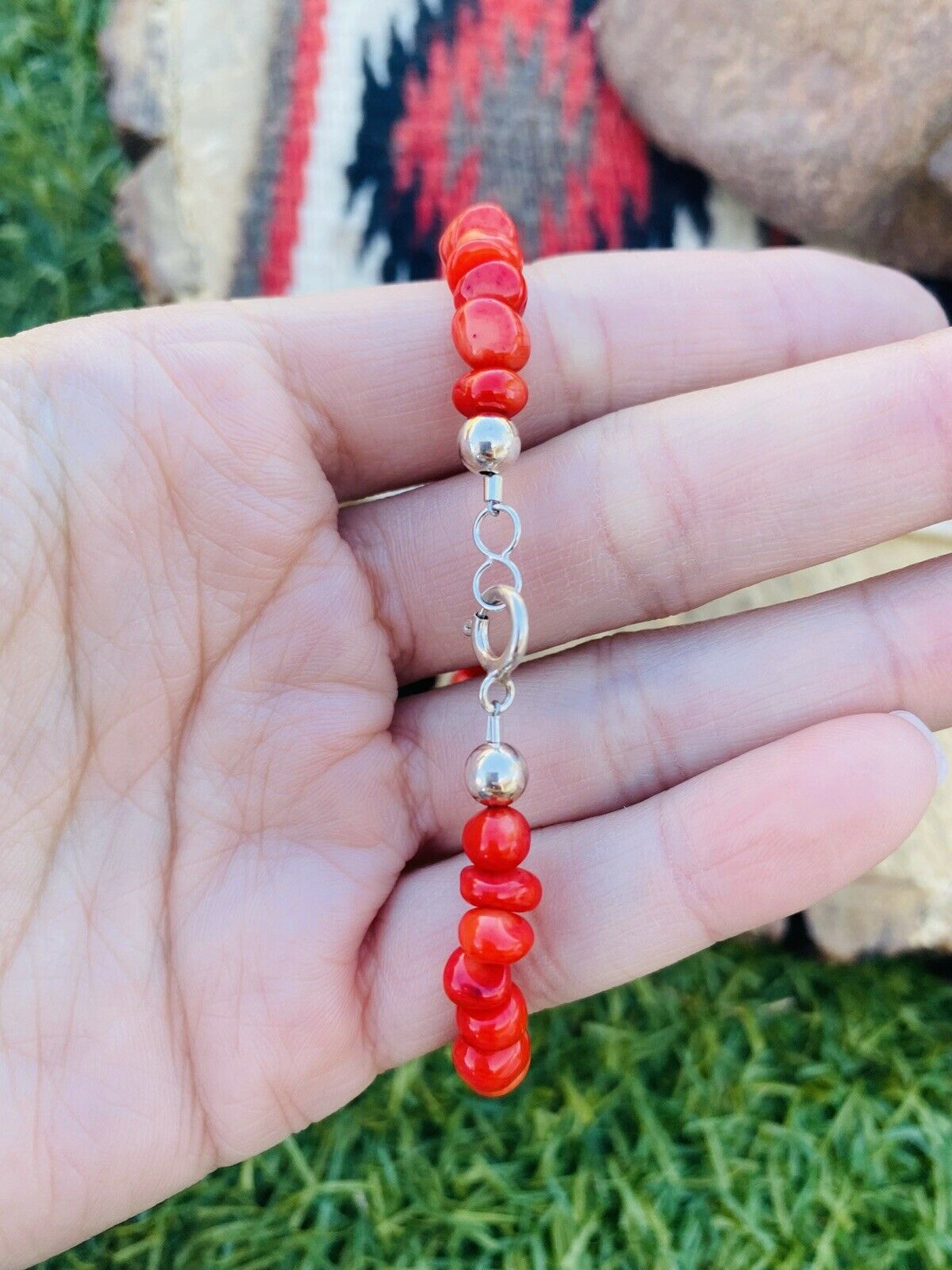 Navajo Apple Coral & Sterling Silver Beaded Bracelet