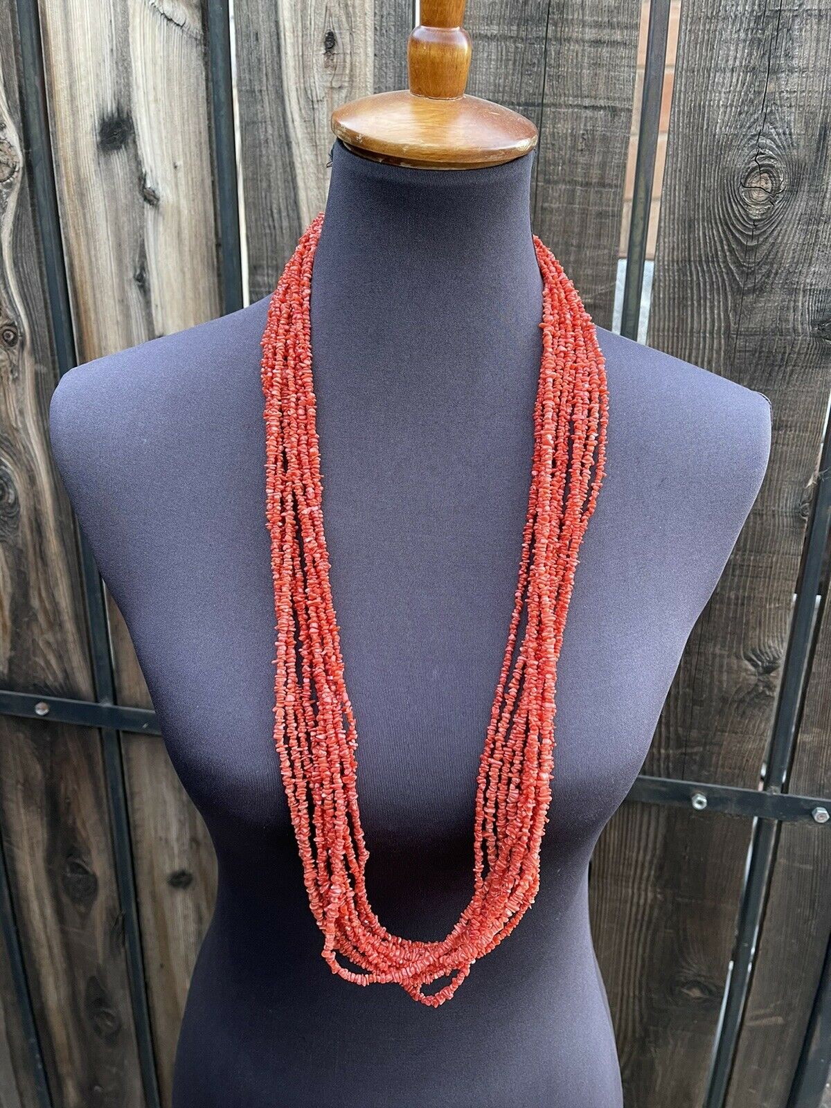 Navajo Sterling Silver Pink Coral 10 Strand Bead Necklack