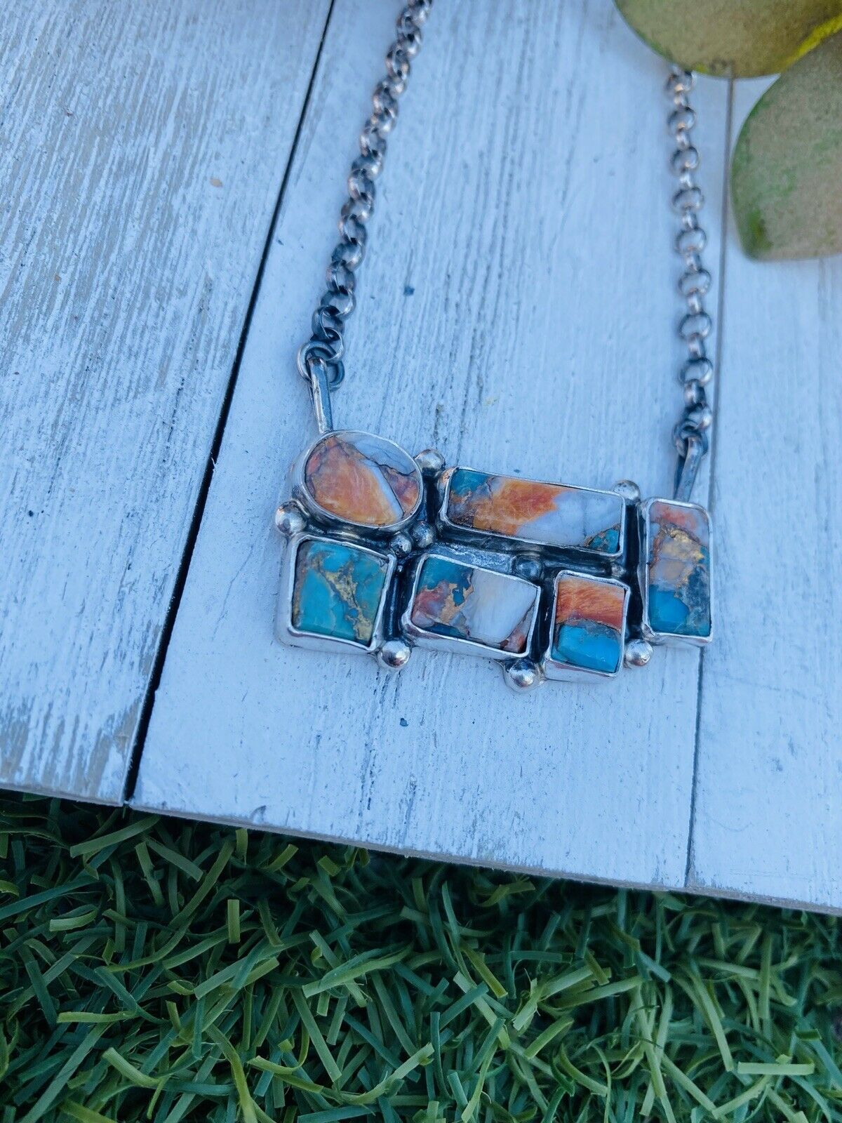 Navajo Sterling Silver & Multi Stone Spice Necklace Signed