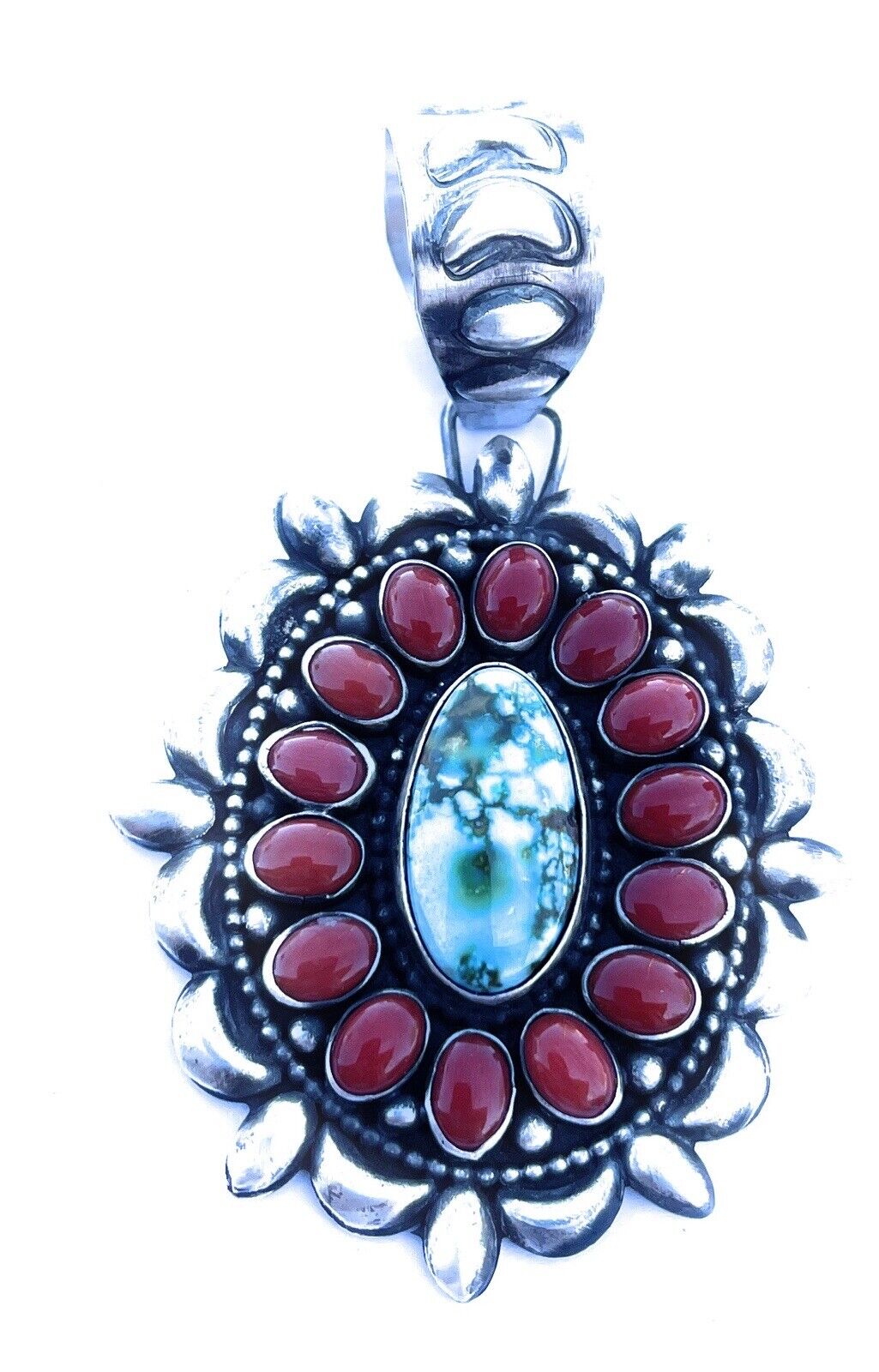 Navajo Sterling Kingman Web Turquoise & Red Coral Taos Ornate Pendant D. Clark