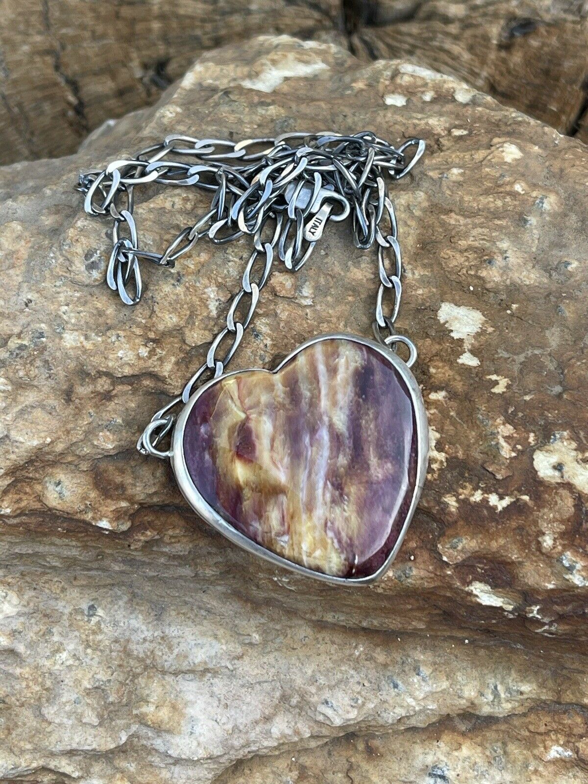 Navajo Purple Spiny And Sterling Silver Heart Necklace Signed