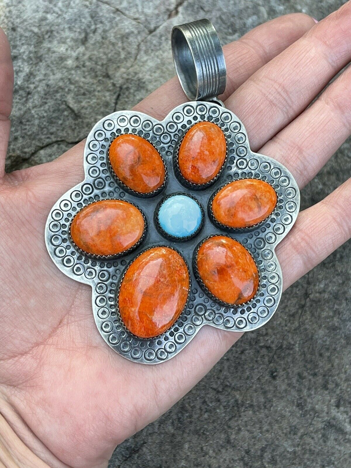 Navajo Sterling Silver Turquoise & Orange Spiny Flower Pendant Signed