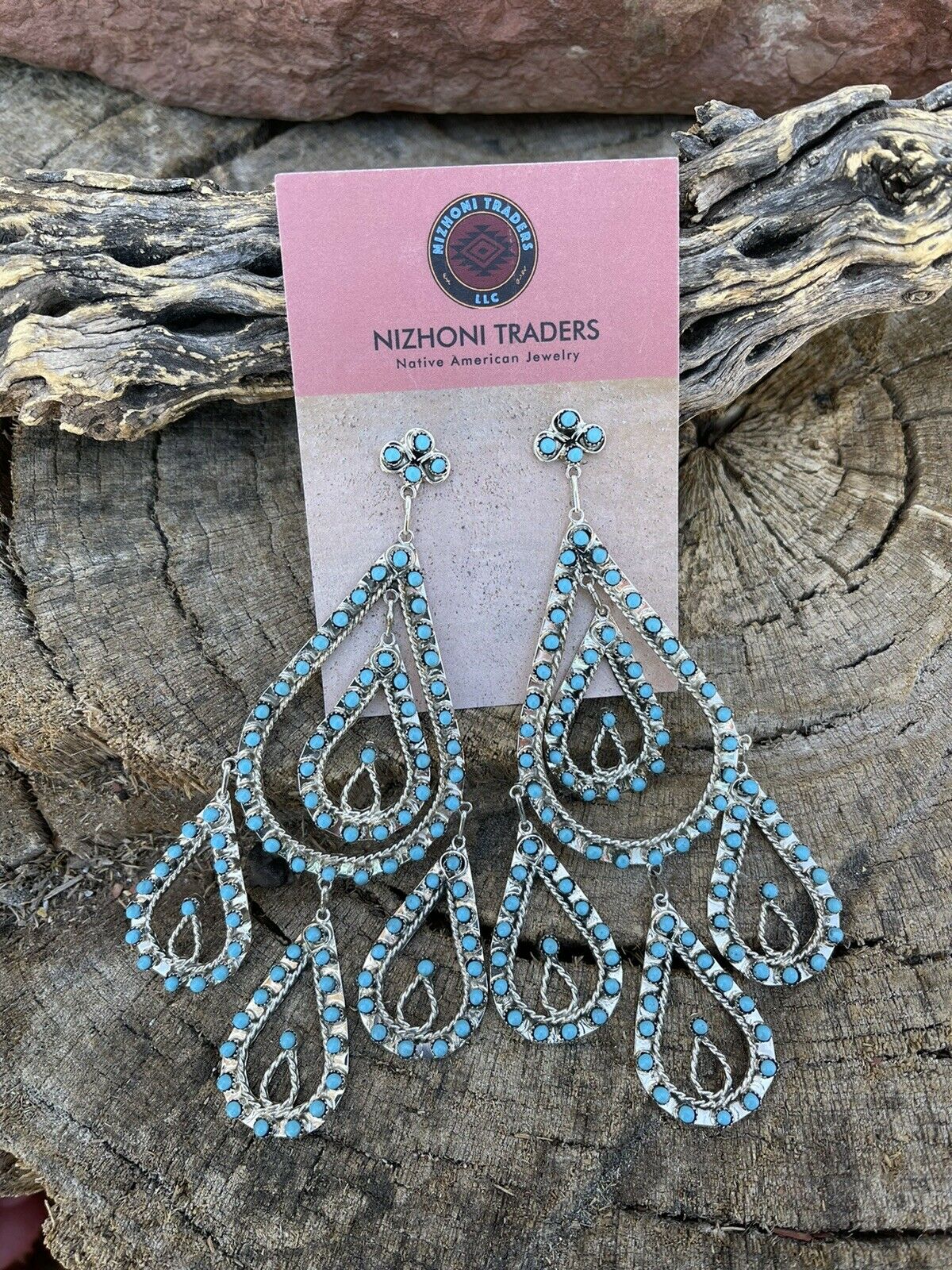 Zuni Sterling Silver & Snake Eye Chandelier Turquoise Dangle Earrings