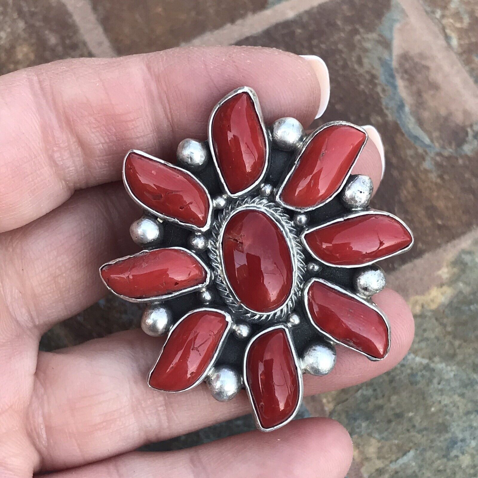 Navajo Sterling Silver Natural Red Coral Cluster Ring Lorenzo James