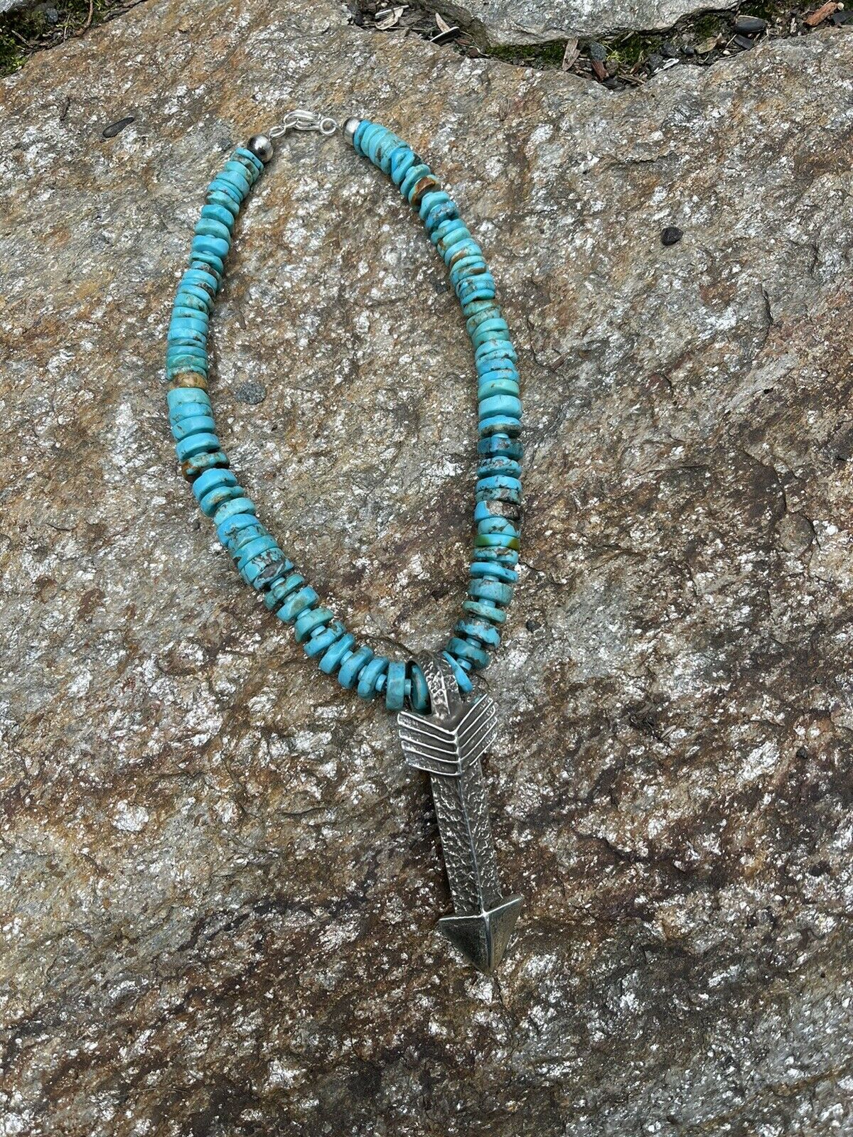 Navajo Natural Turquoise & Sterling Silver Tufa Cast Arrow Necklace