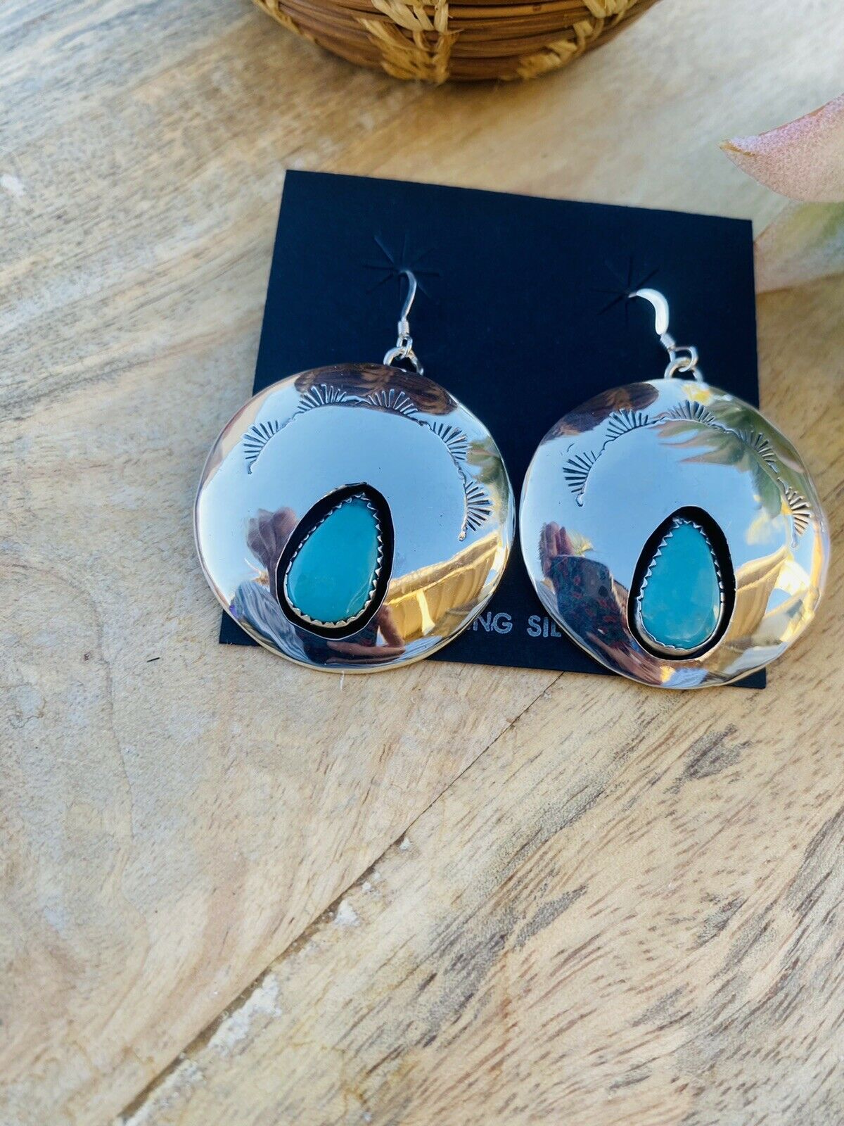 Navajo Sterling Silver & Turquoise Circle Dangle Earrings Signed