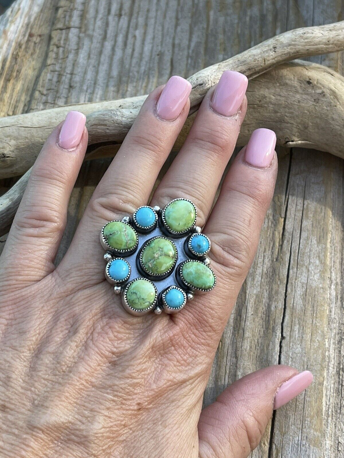 Navajo Sterling Sonoran Gold And Golden Hills Turquoise Cluster Ring Size 7