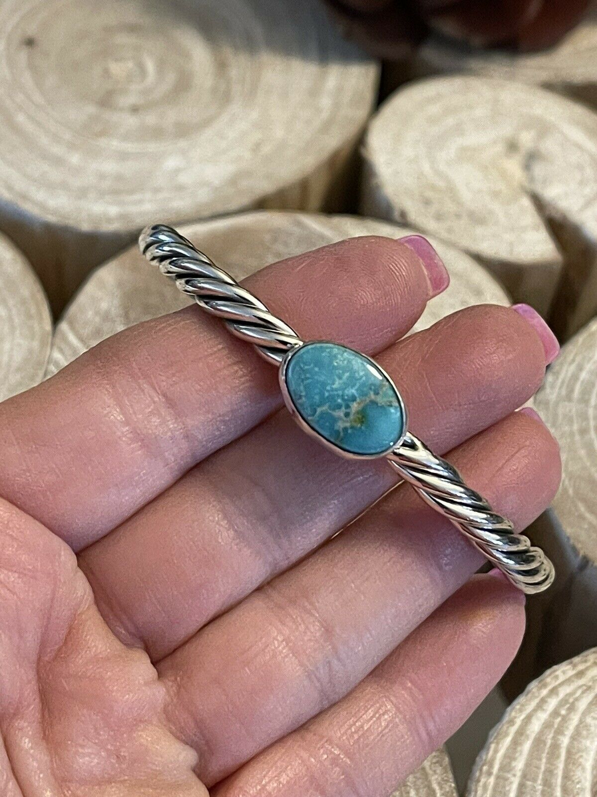 Navajo Sterling Sonoran Mountain Turquoise  Southwest Rope Bracelet Cuff