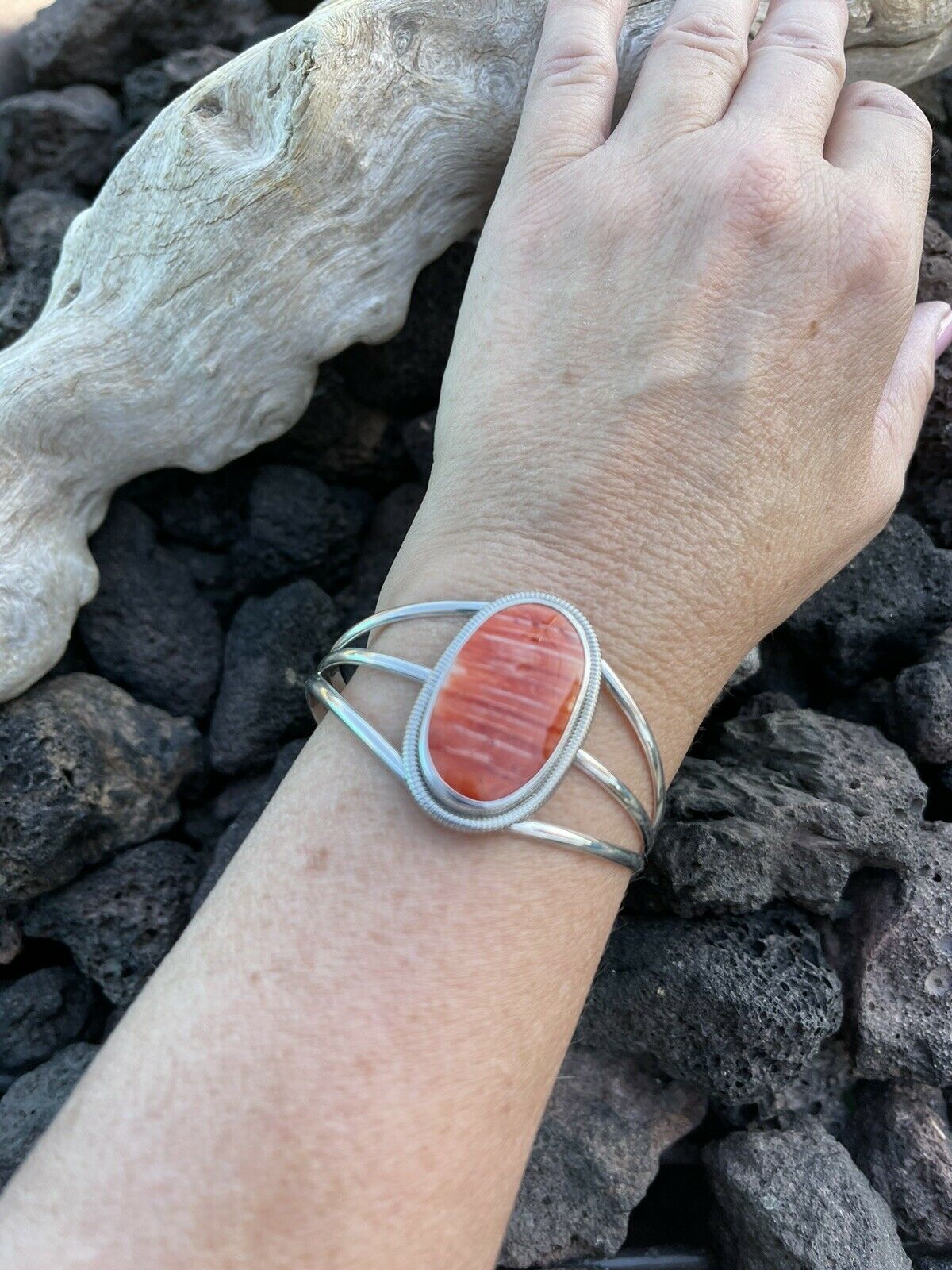 Navajo Orange Spiny Sterling Silver  Cuff Bracelet Stamped Wydell Billie