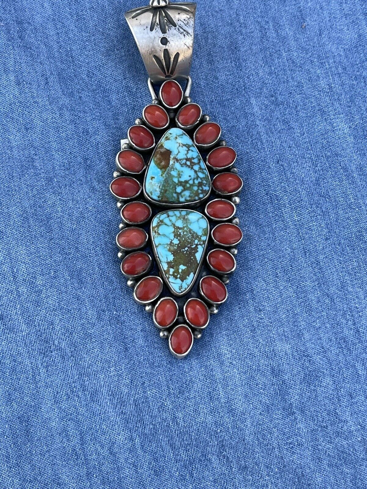 Navajo Sterling 2 Stone Kingman Web Turquoise & Red Coral Taos Pendant