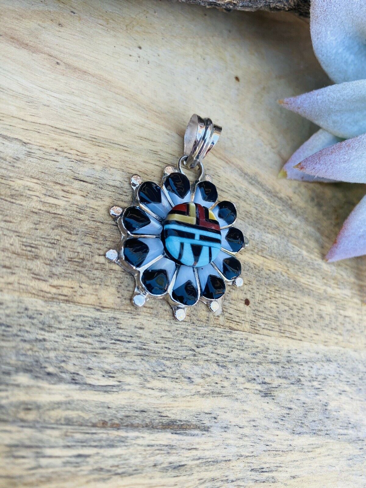 Vintage Zuni Multi Stone & Sterling Silver Inlay Sun Face Pendant