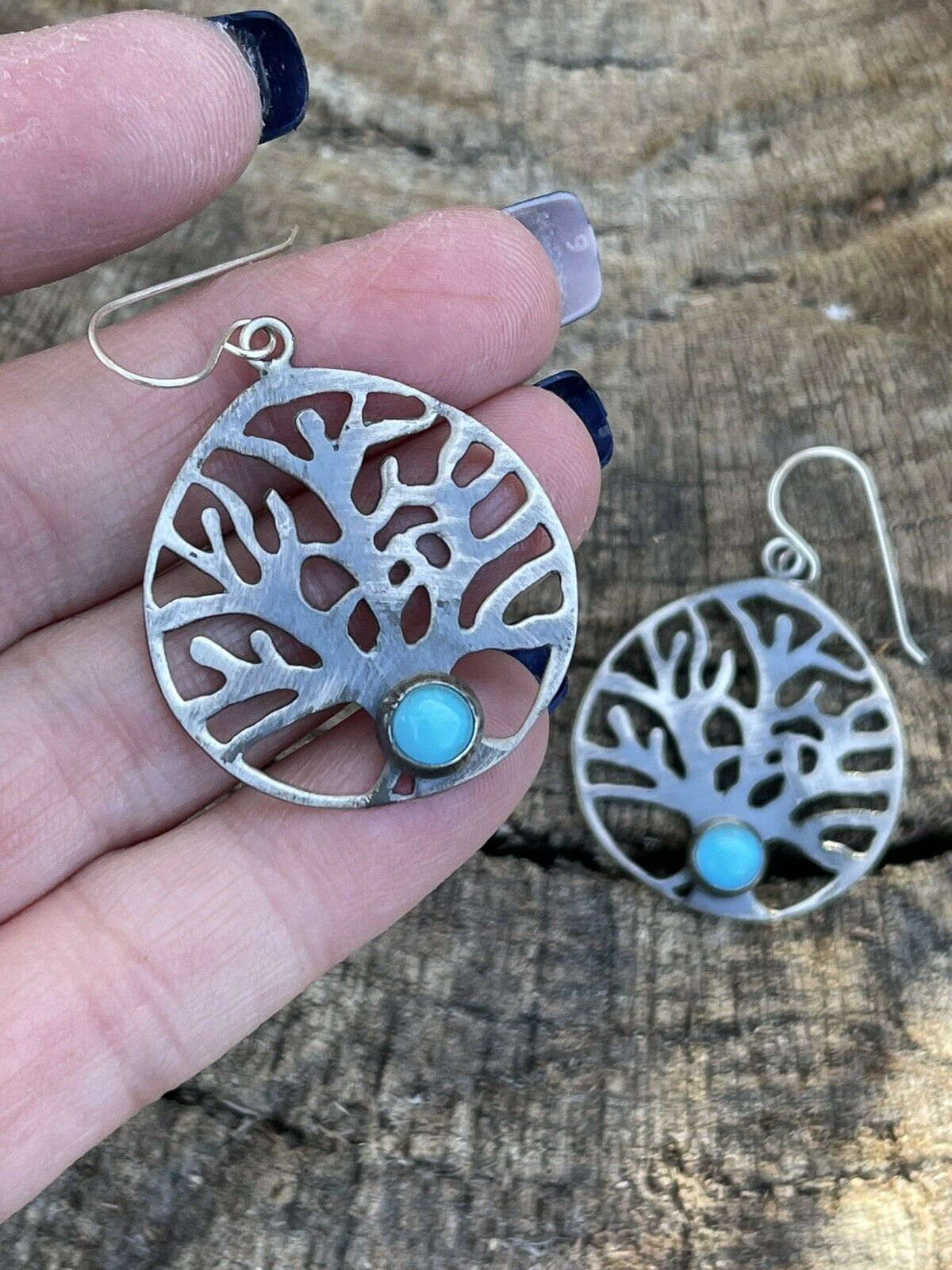 Navajo Sterling Silver Turquoise Tree Of Life Dangle Earrings