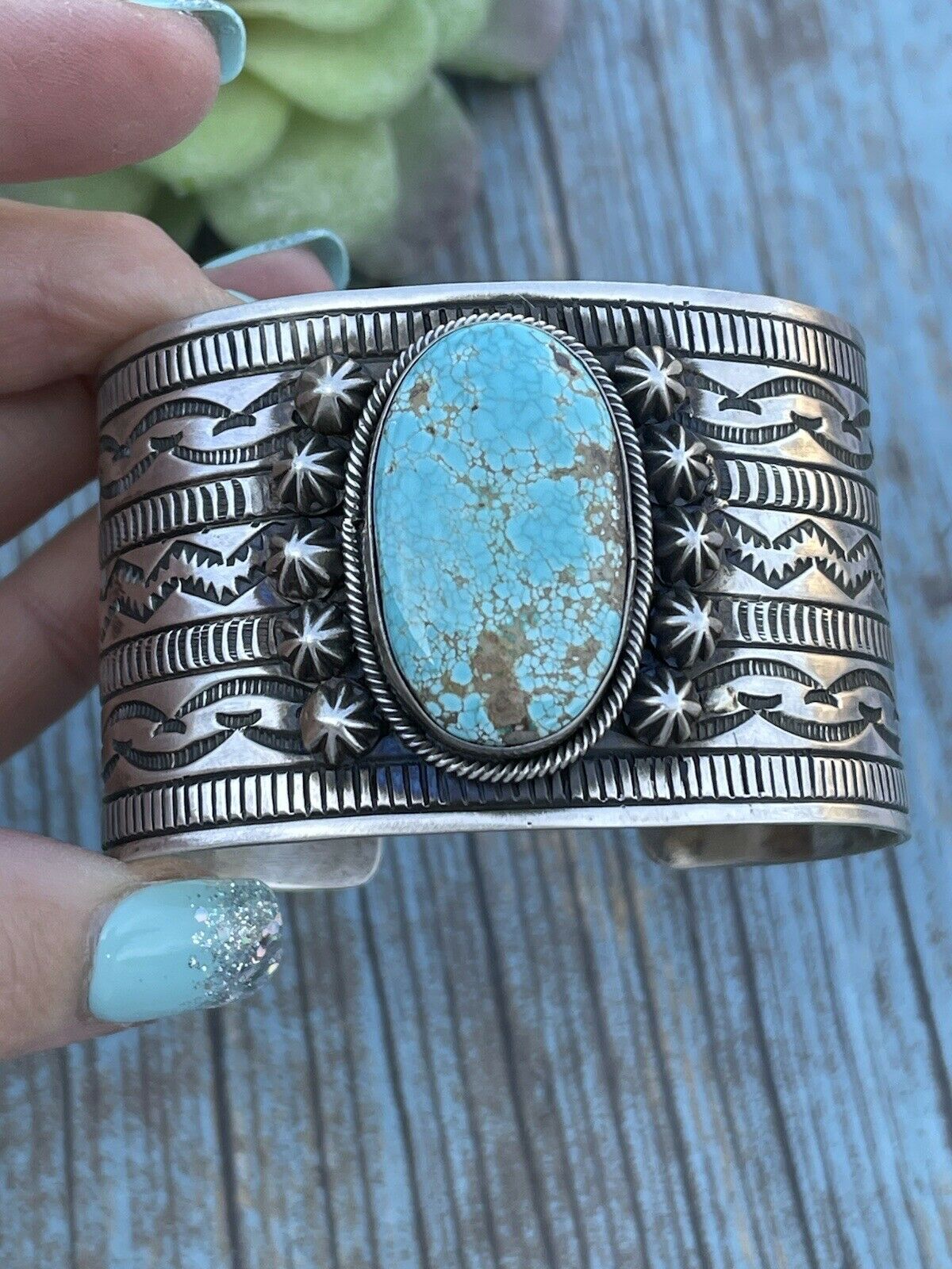 Navajo Handmade Sterling & Number 8 Turquoise Signed Cuff Signed Danny Clark