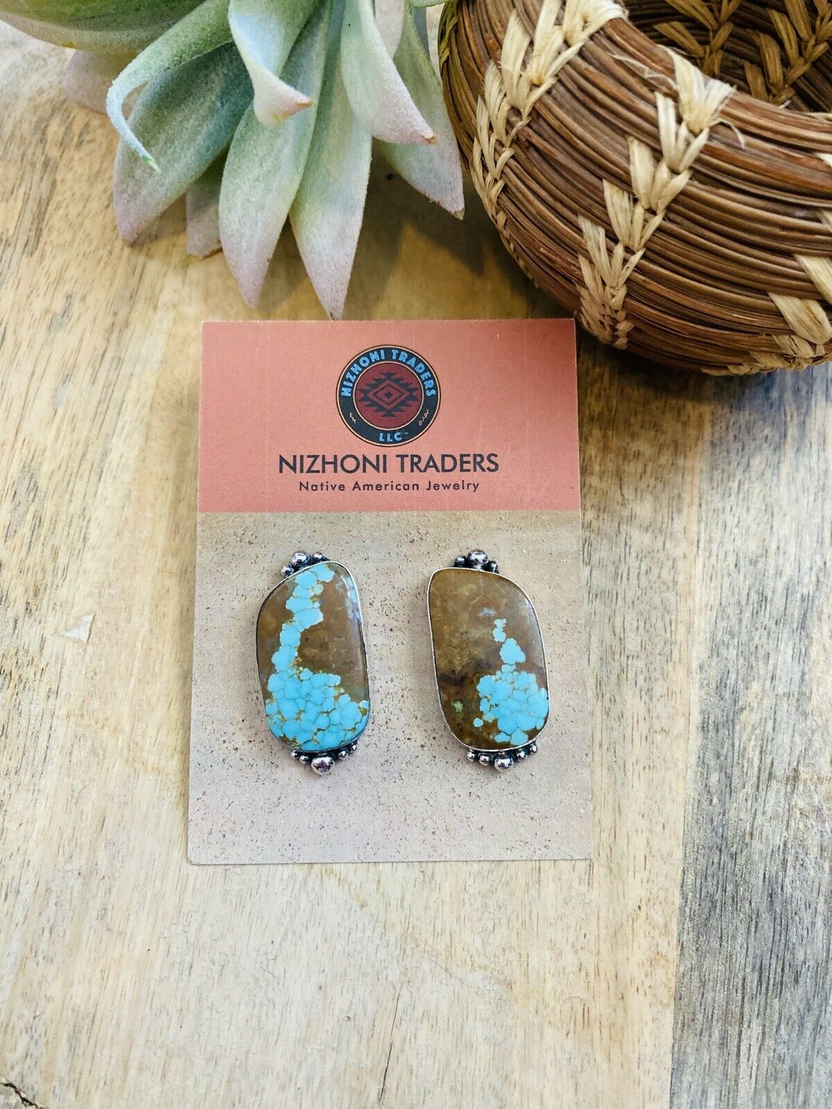 Navajo Number 8 Turquoise & Sterling Silver Post Earrings Signed