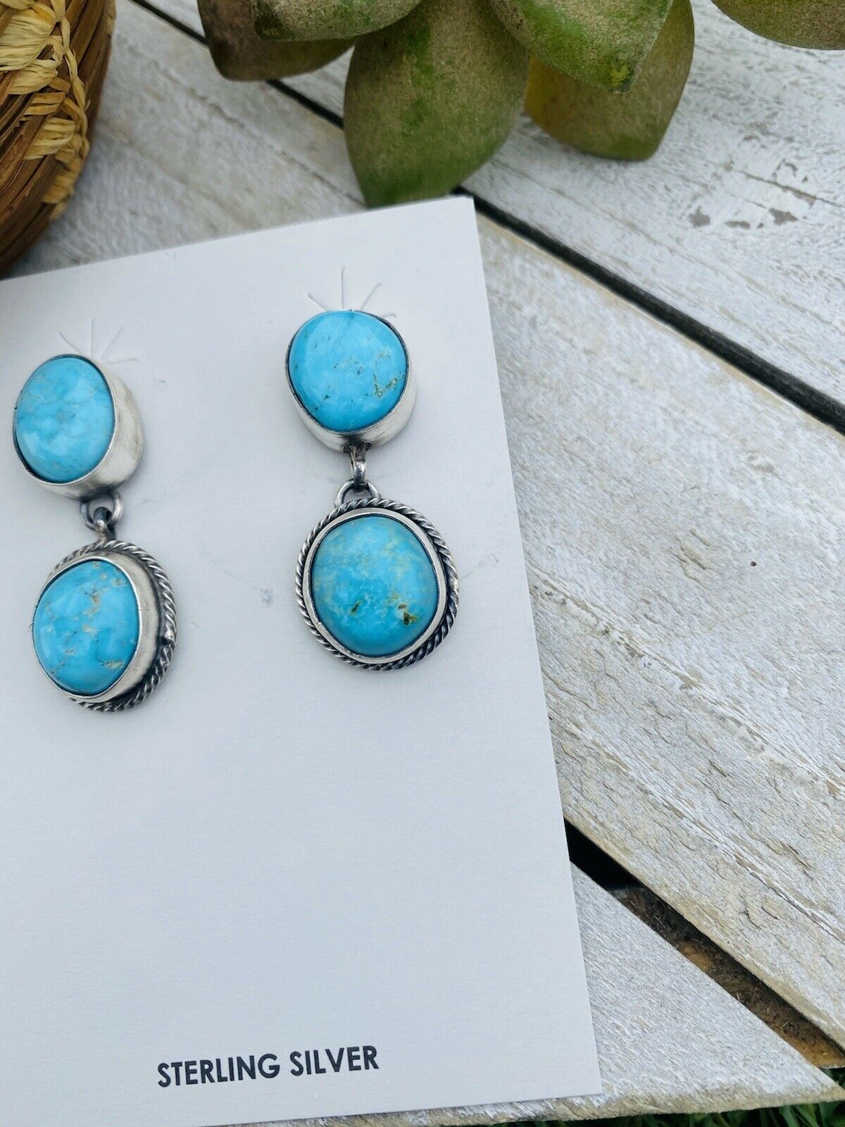 Navajo Sterling Silver & Turquoise Hand Stamped Dangle Earrings