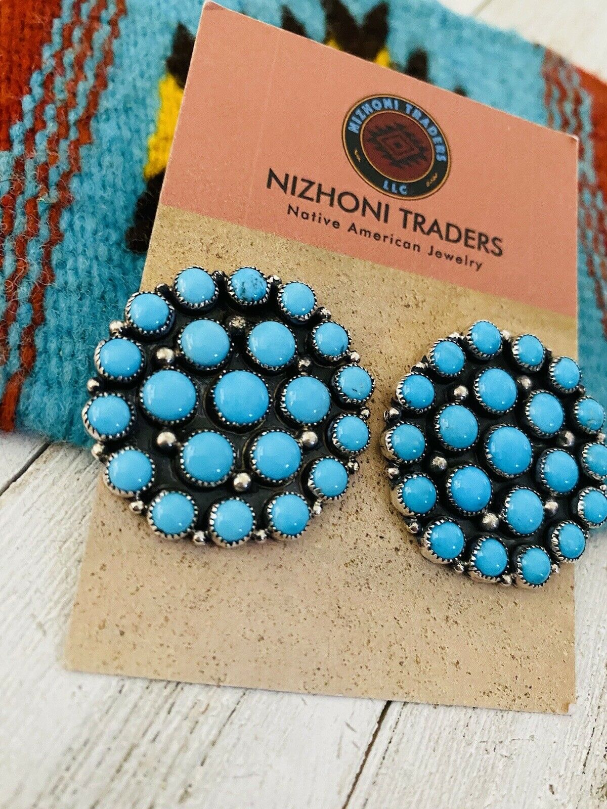 Navajo Sleeping Beauty Turquoise & Sterling Silver Cluster Stud Earrings Signed