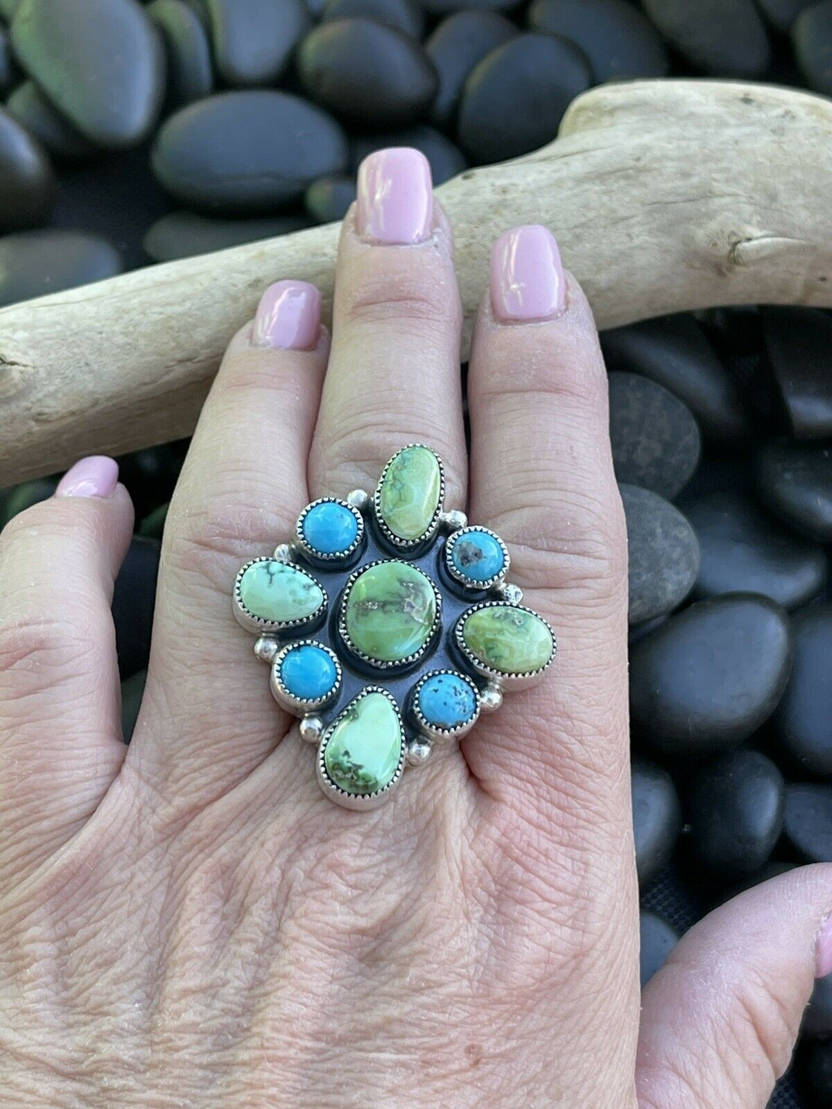 Navajo Sterling Sonoran Gold And Golden Hills Turquoise Cluster Ring Size 8.5