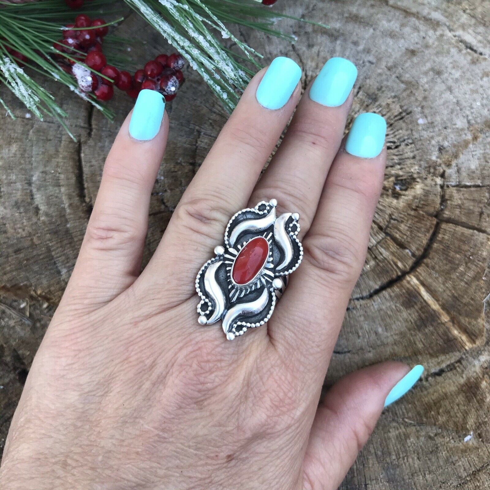 Navajo Sterling Silver Natural Red Coral Ring Artist L. James