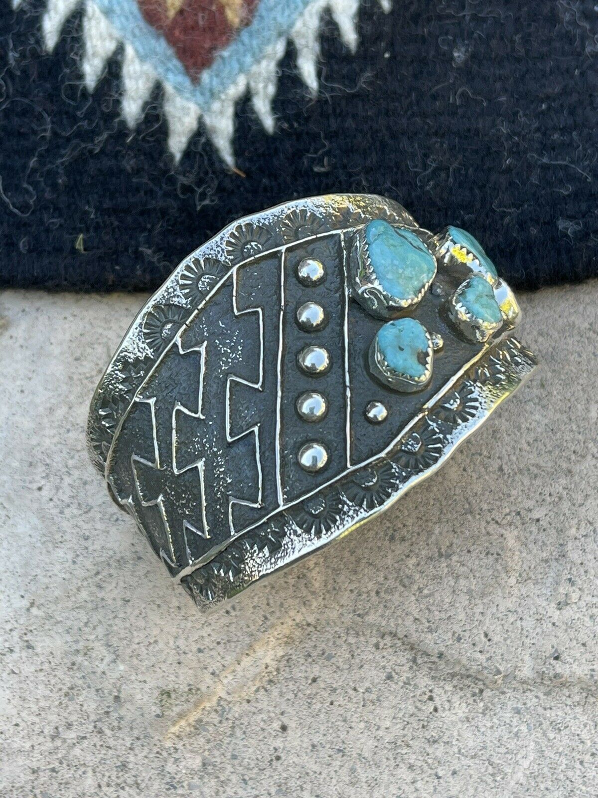 Navajo Turquoise & Sterling Silver Tufa Cast Tribal Cuff Signed Delbert Arviso