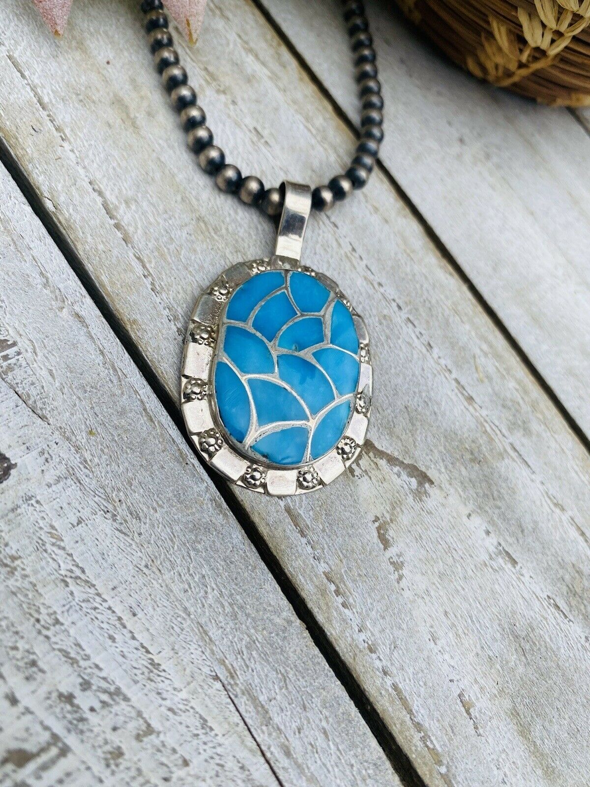 Vintage Zuni Turquoise & Sterling Silver Inlay Pendant Signed