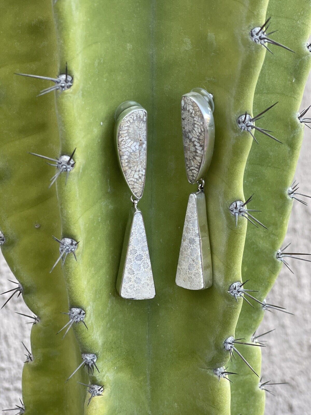 Navajo Fossilized Coral & Sterling Silver Dangle Earrings Signed