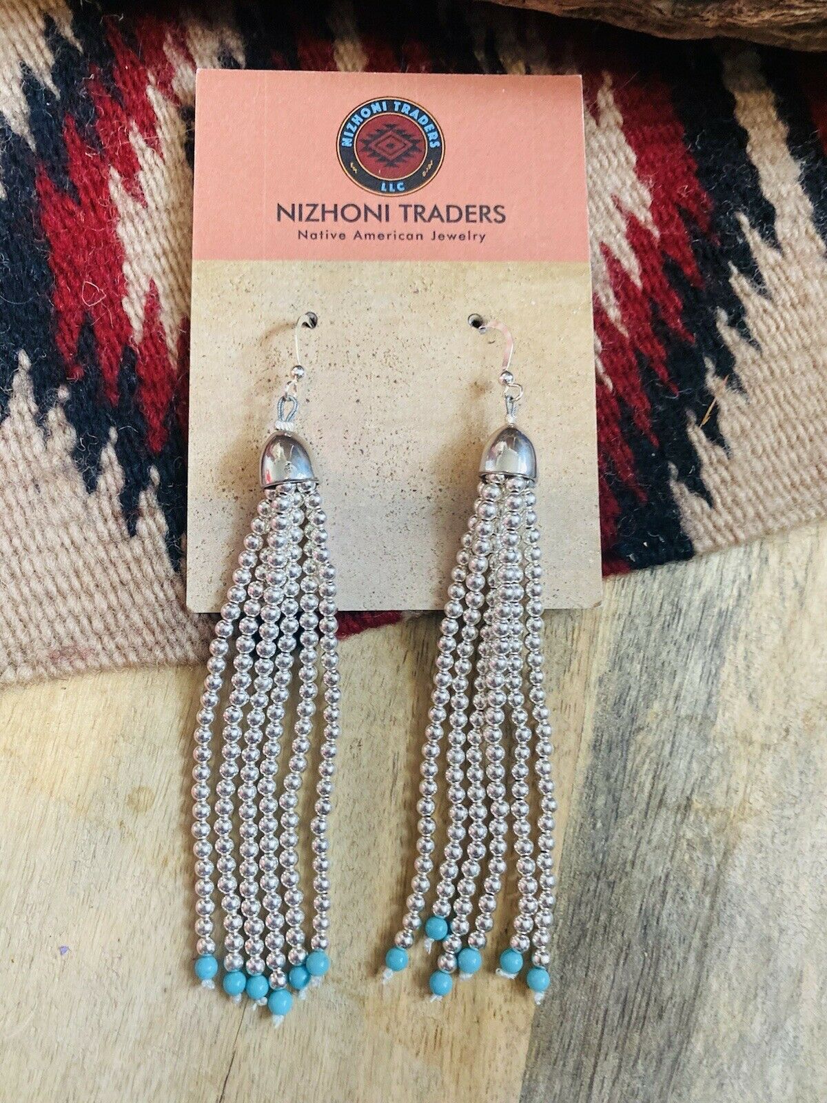 Navajo Turquoise & Sterling Silver Beaded Tassel Dangle Earrings