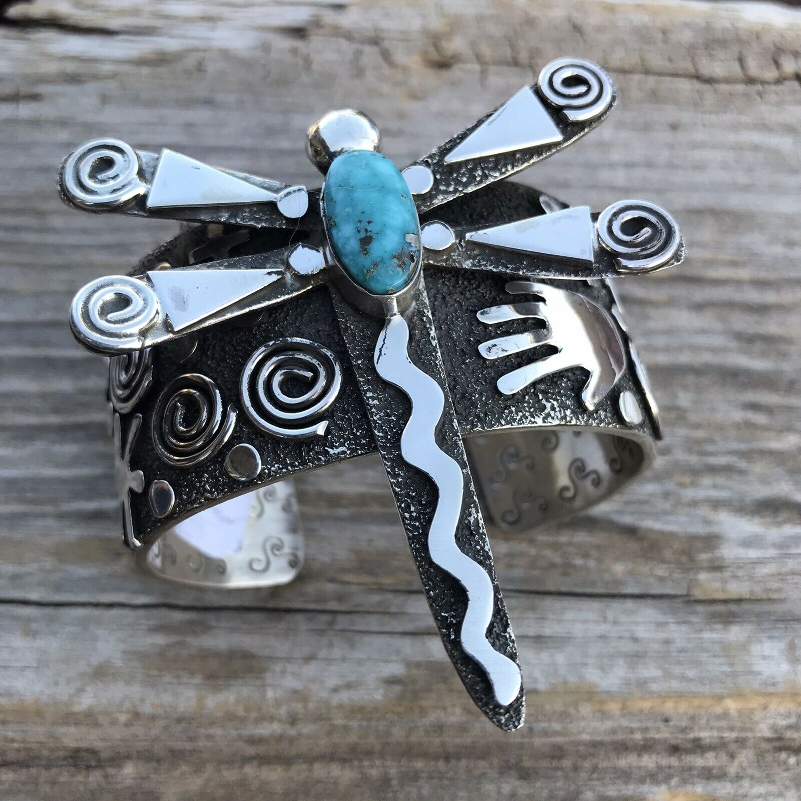 Sterling Turquoise Navajo Dragonfly Bracelet Cuff By Alex Sanchez