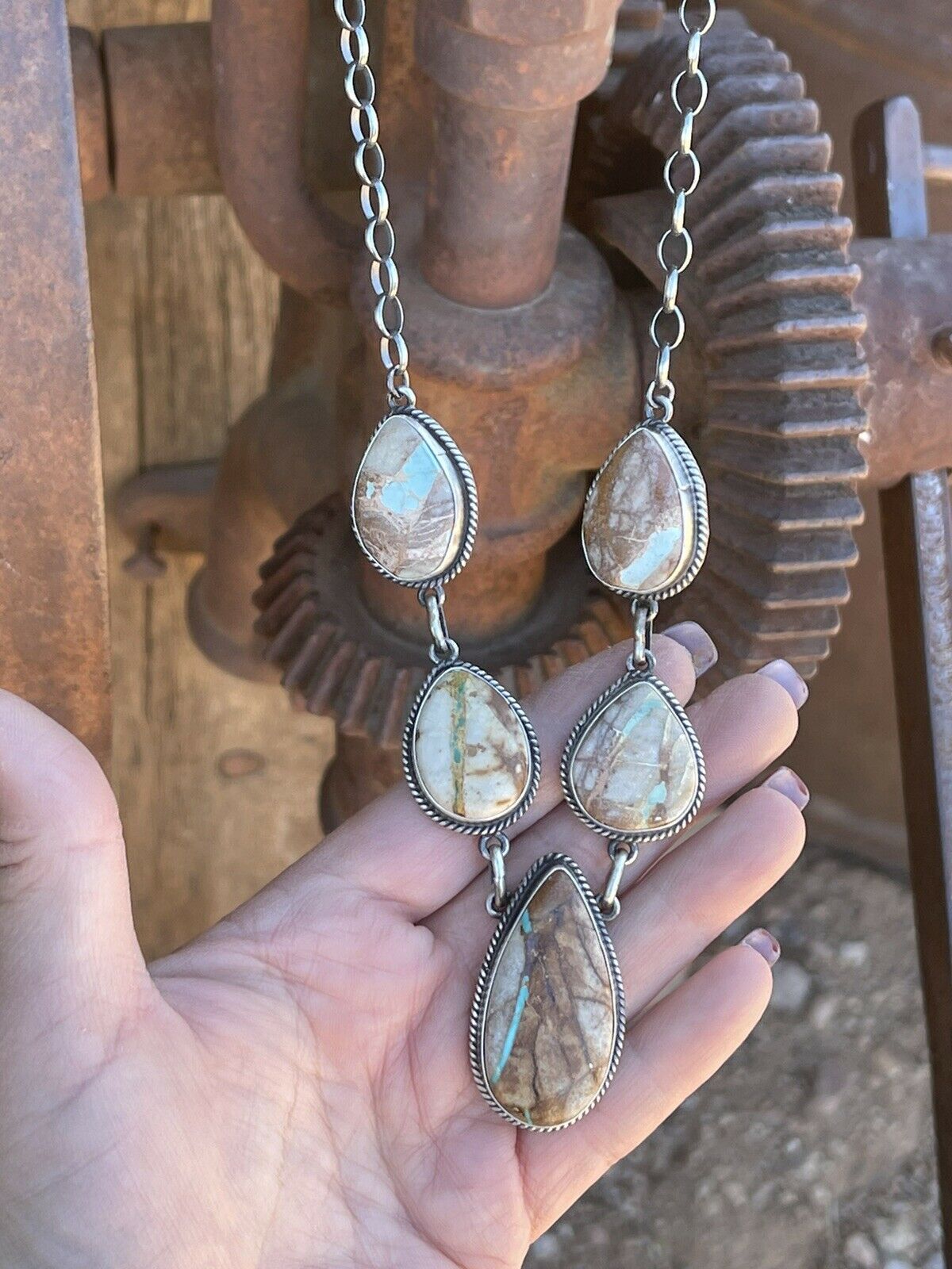 Navajo Sterling Silver Ribbon Turquoise Necklace & Earrings Set