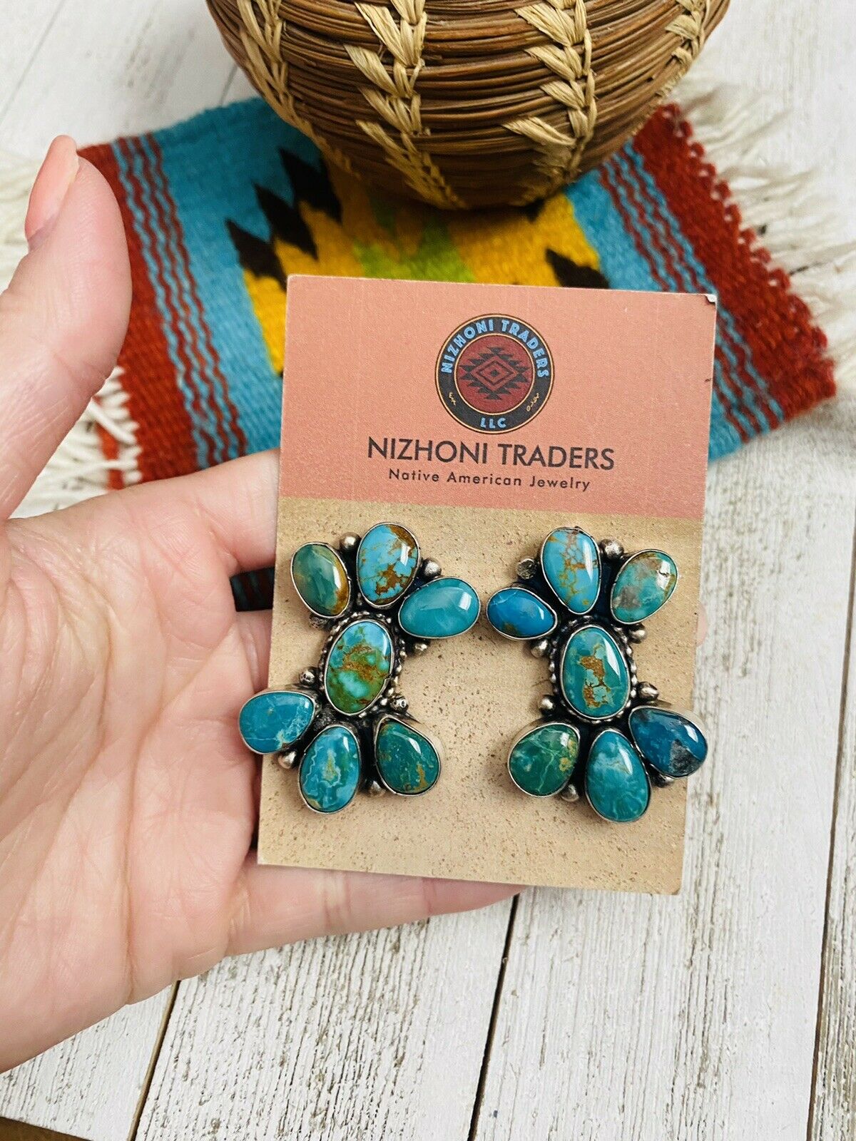 Navajo Sterling Silver & Royston Turquoise Cluster Post Earrings Signed