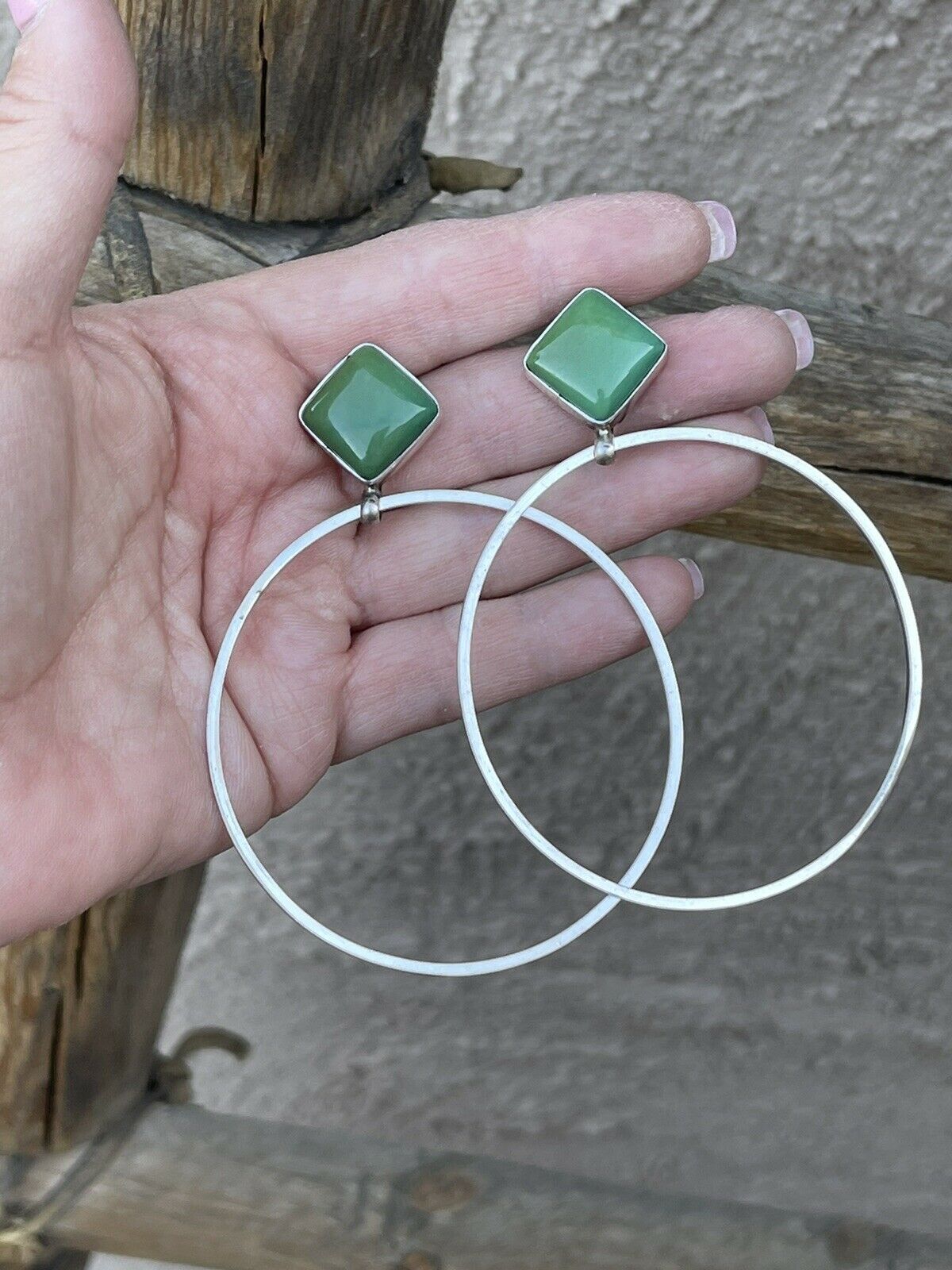 Navajo Tibetan Turquoise & Sterling Silver Dangle Hoop Earrings